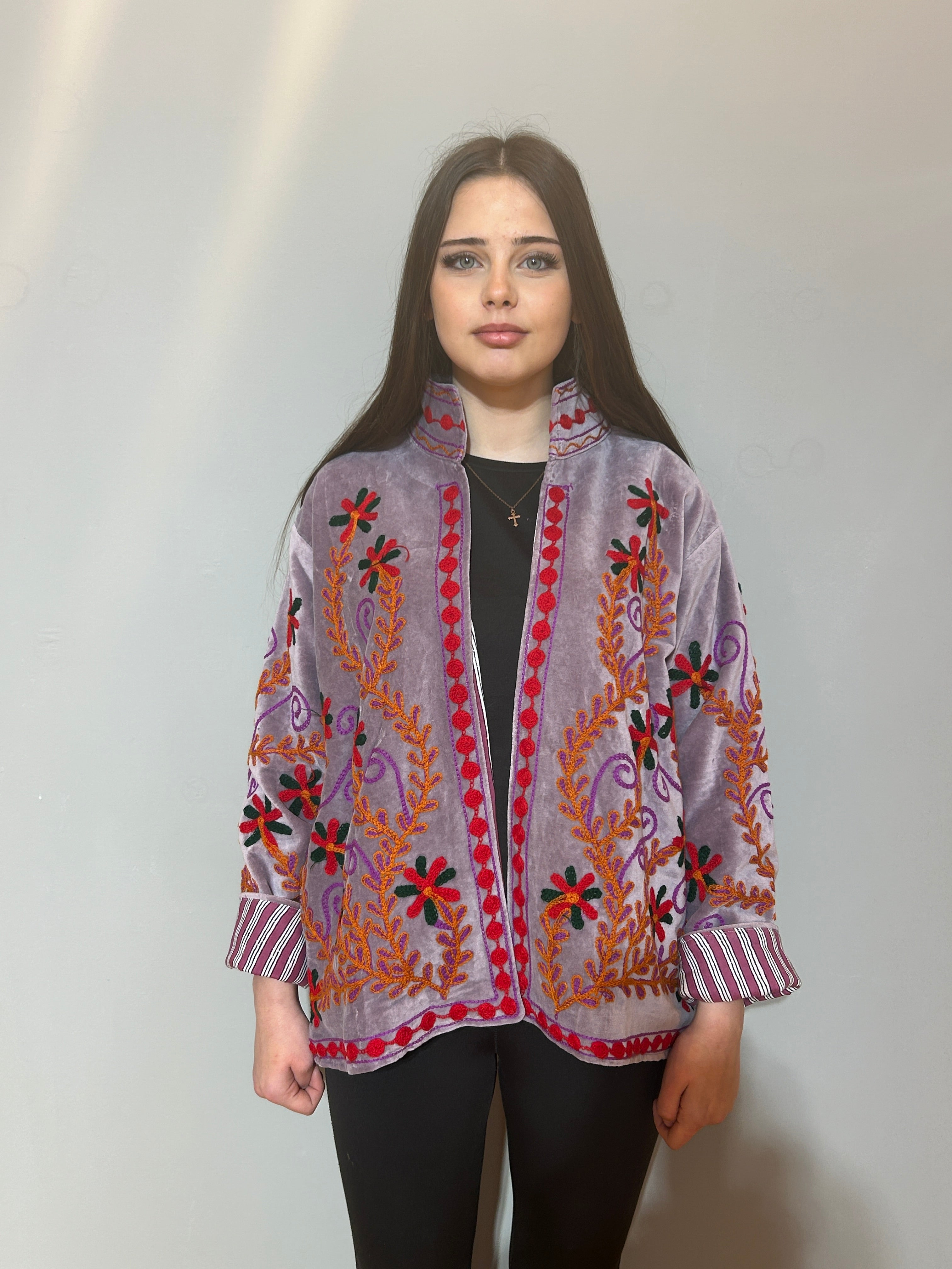 Hand-Embroidered Velvet Suzani Jacket - Soft Lavender