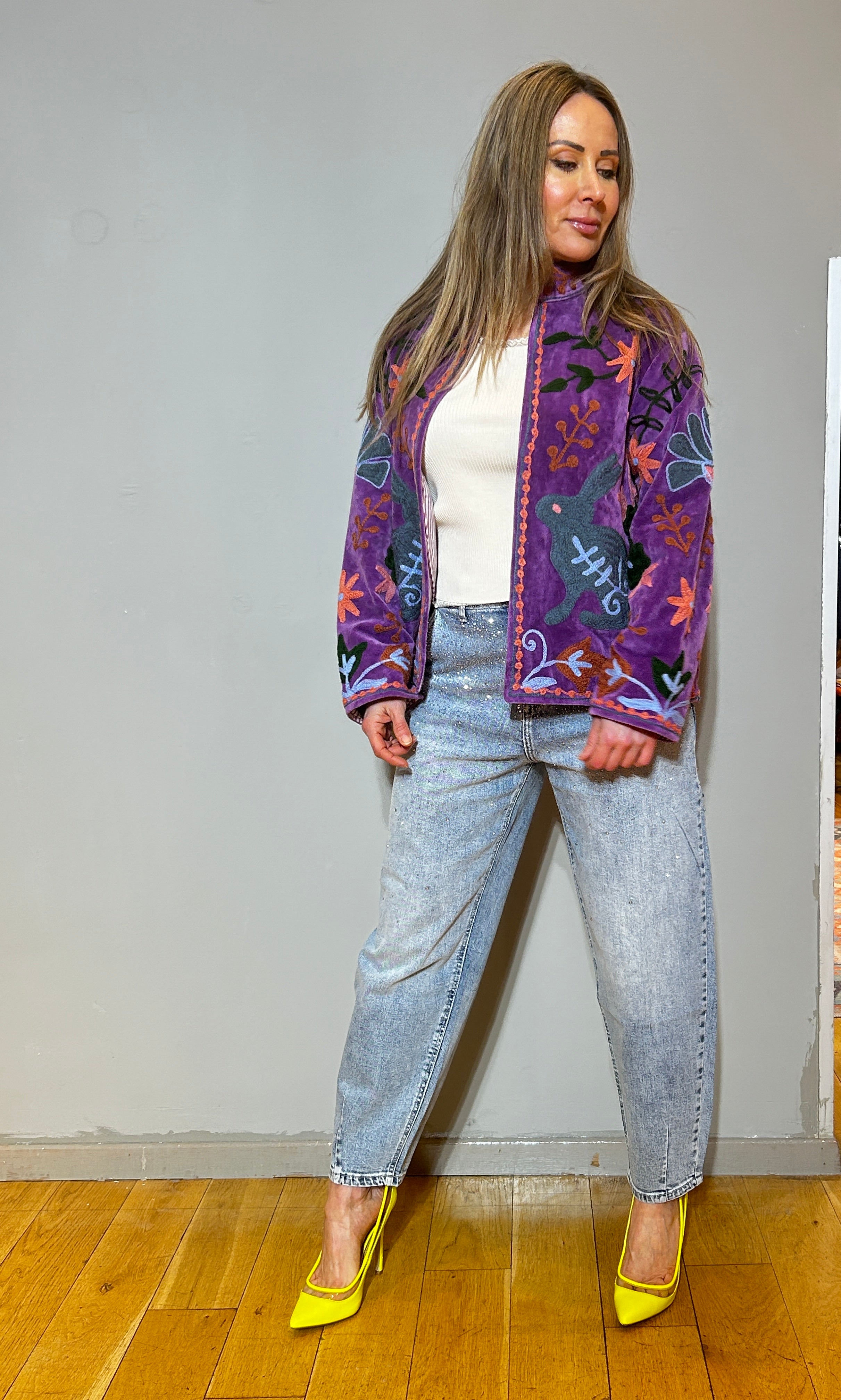 Suzani Hand-Embroidered Velvet Jacket – Royal Purple Abstract