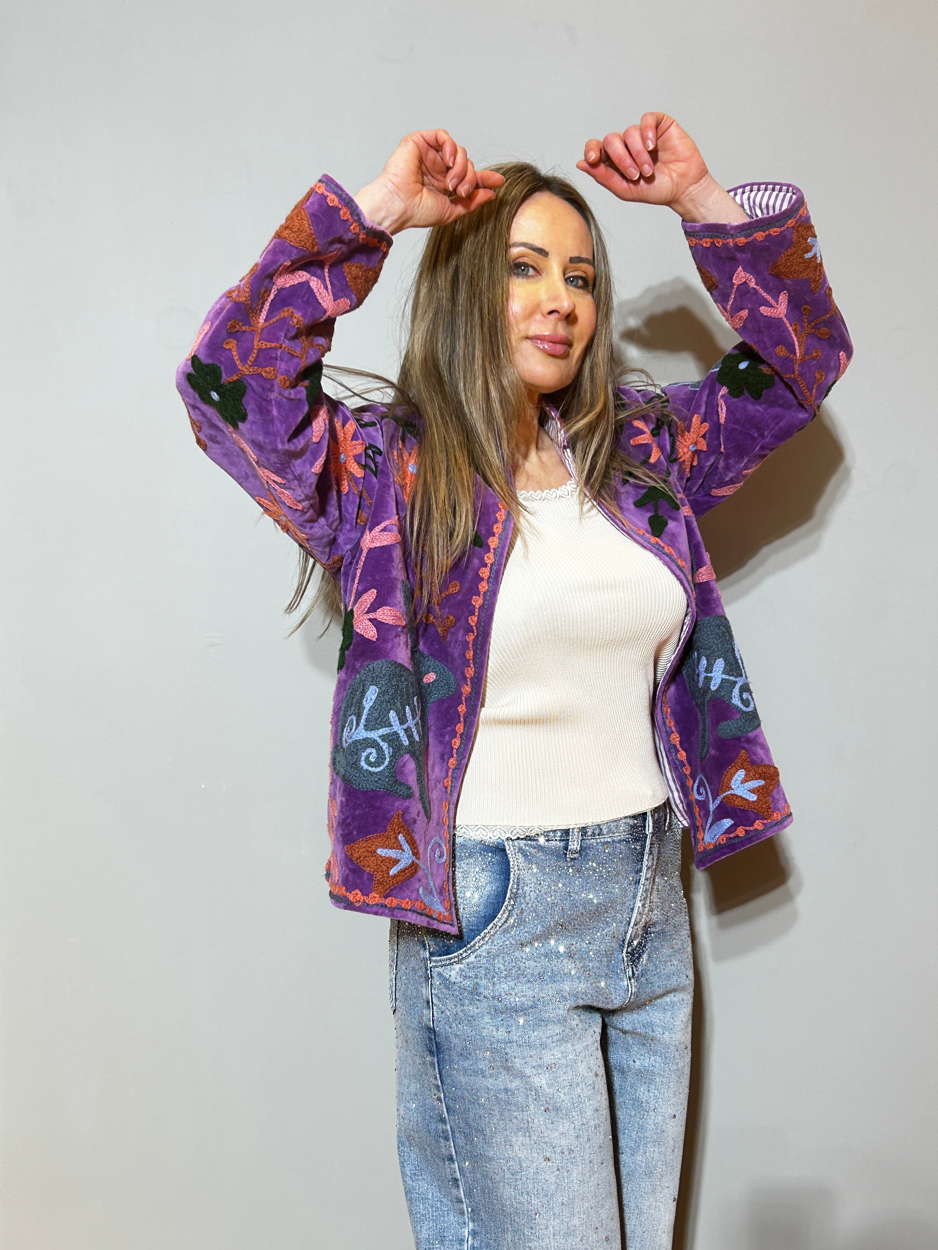 Suzani Hand-Embroidered Velvet Jacket – Royal Purple Abstract