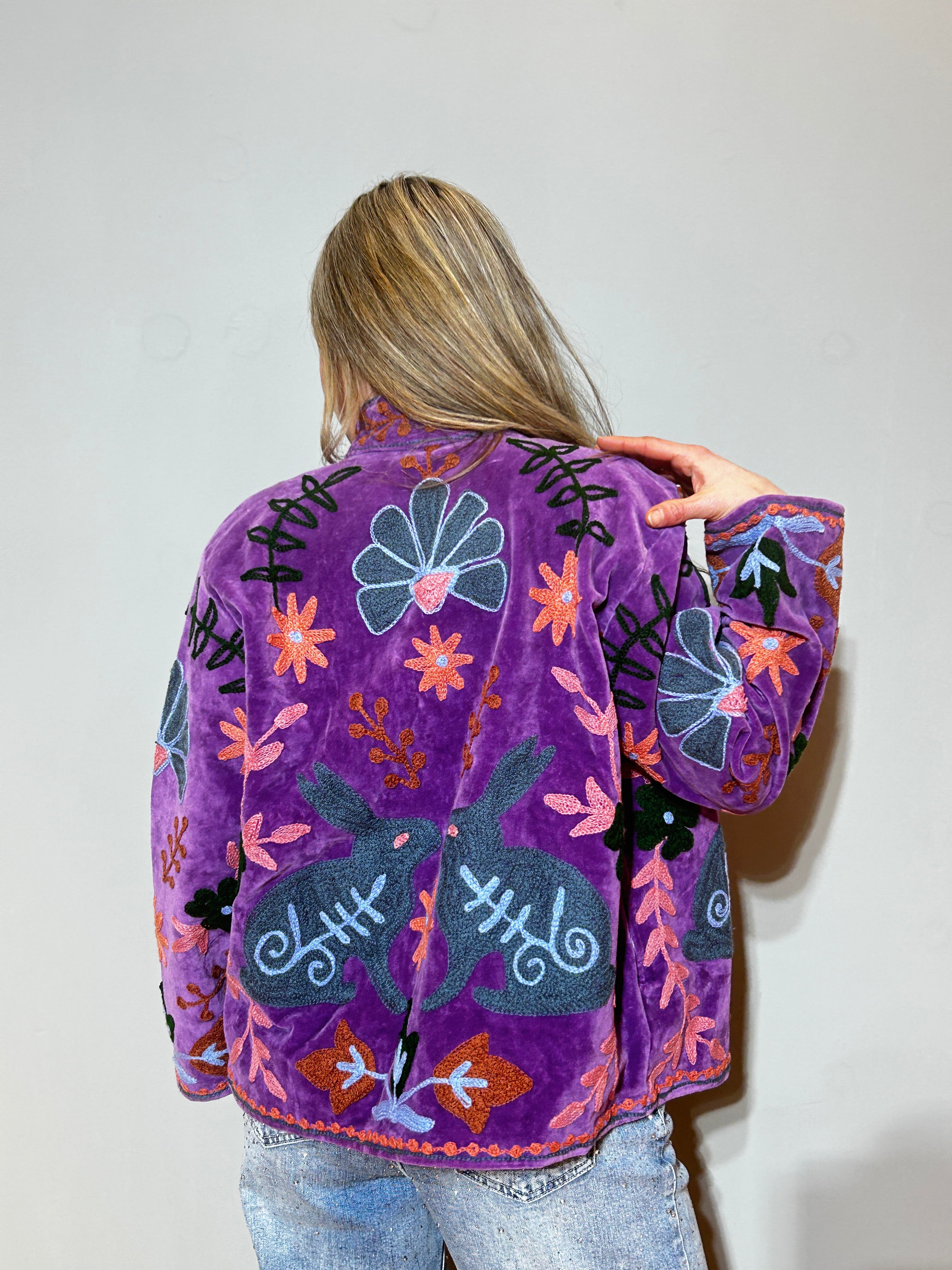 Suzani Hand-Embroidered Velvet Jacket – Royal Purple Abstract