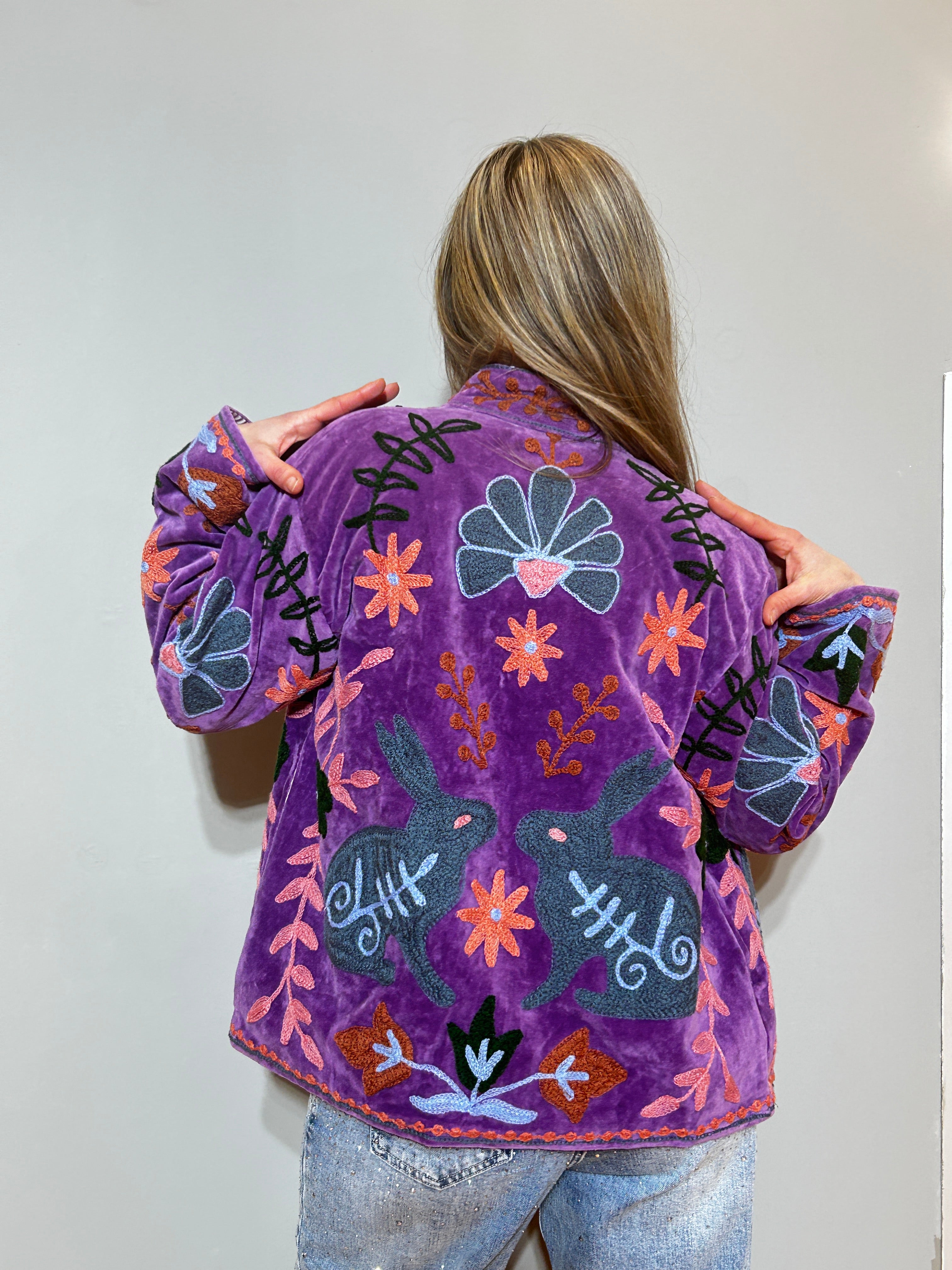 Suzani Hand-Embroidered Velvet Jacket – Royal Purple Abstract