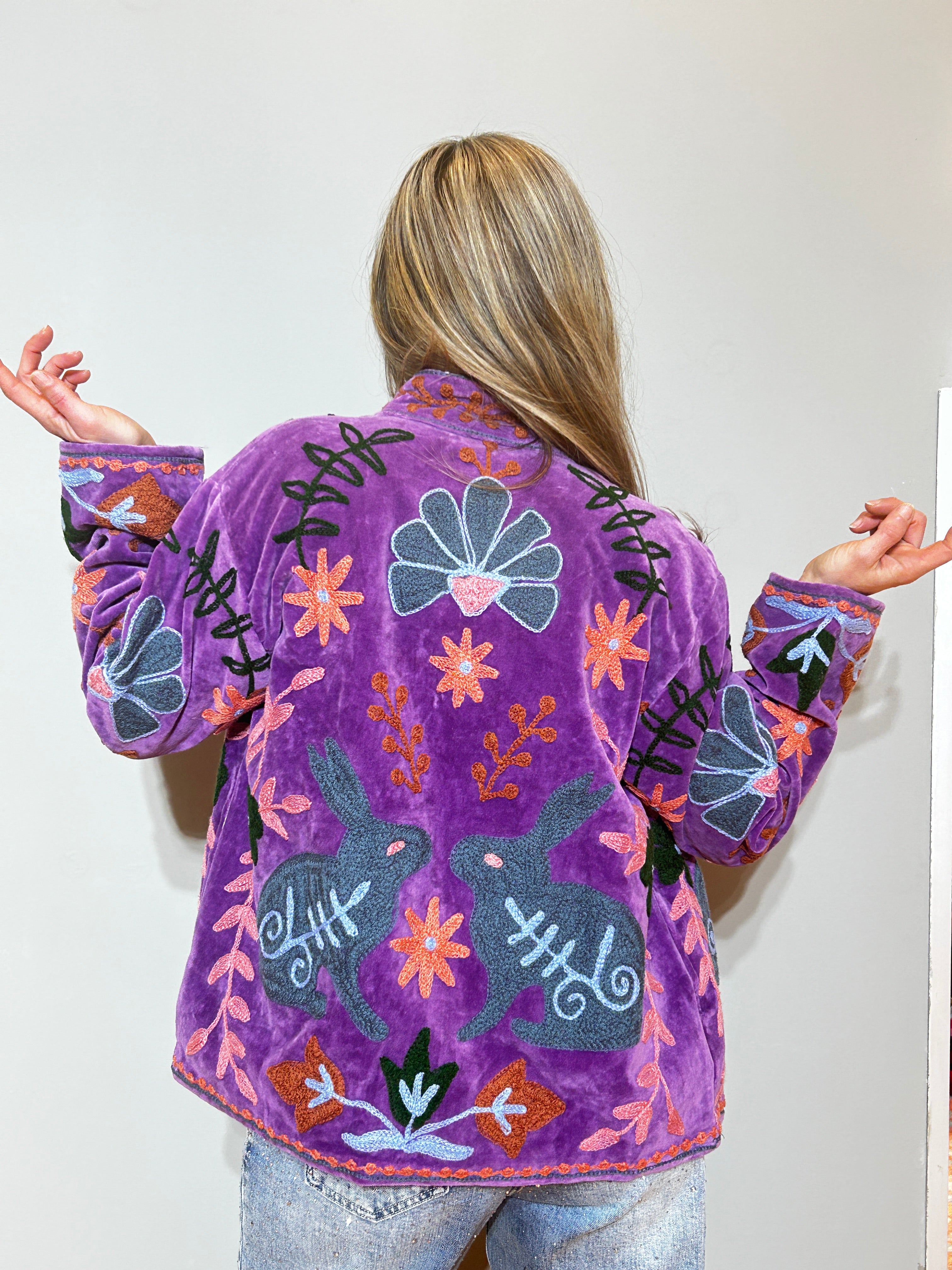 Suzani Hand-Embroidered Velvet Jacket – Royal Purple Abstract