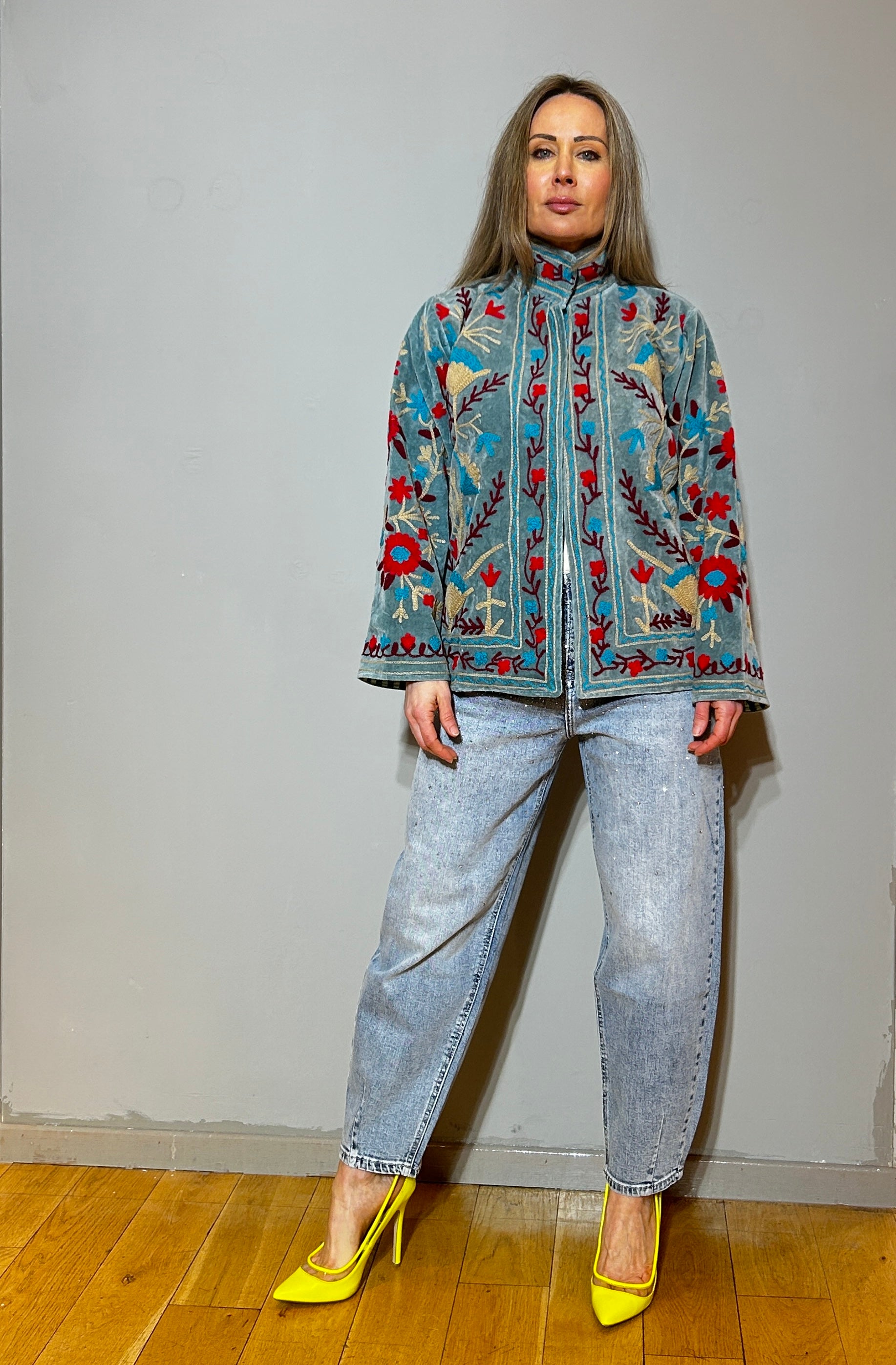 Suzani Hand-Embroidered Velvet Jacket – Sage Blue Poppy