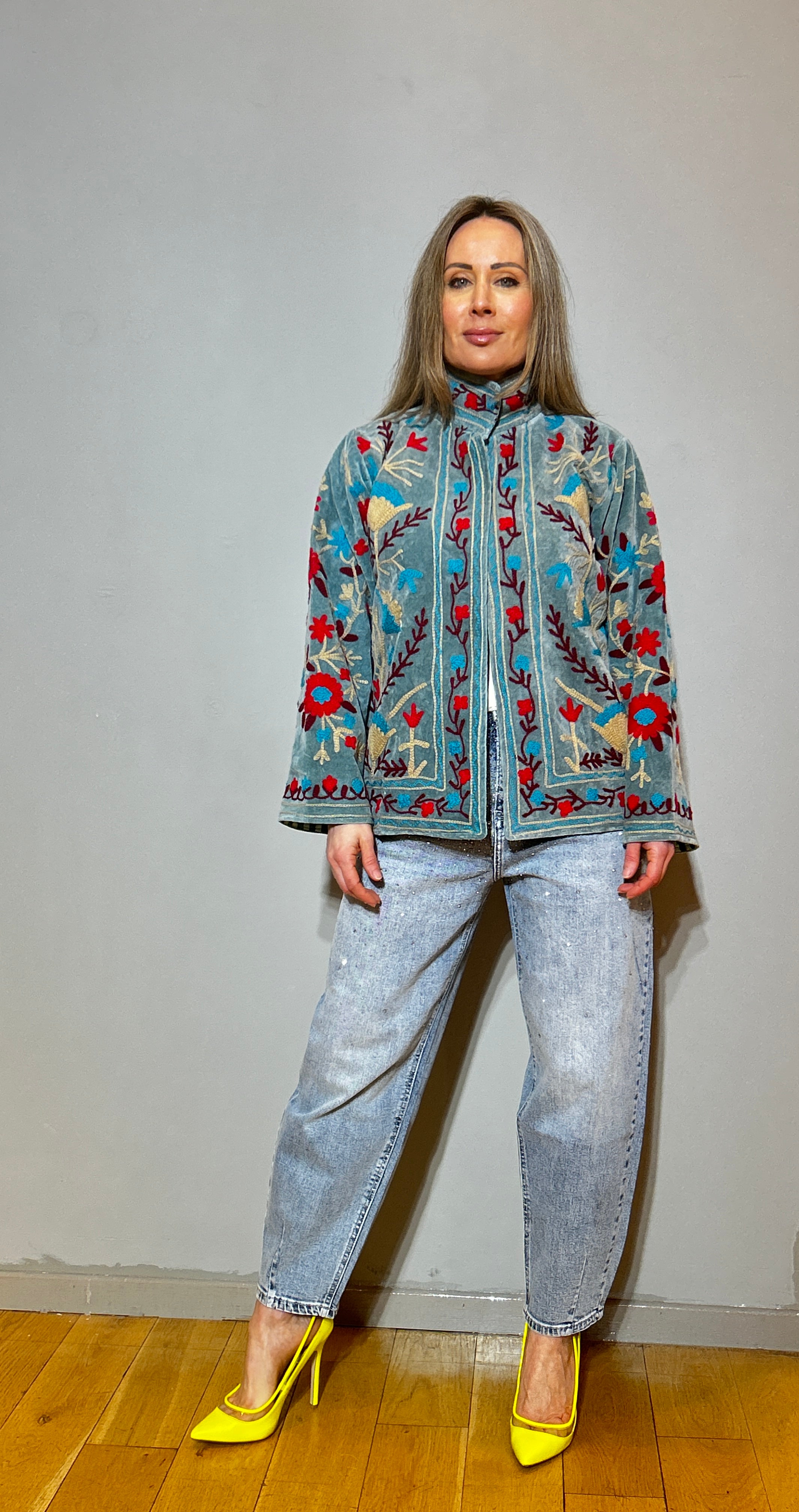 Suzani Hand-Embroidered Velvet Jacket – Sage Blue Poppy