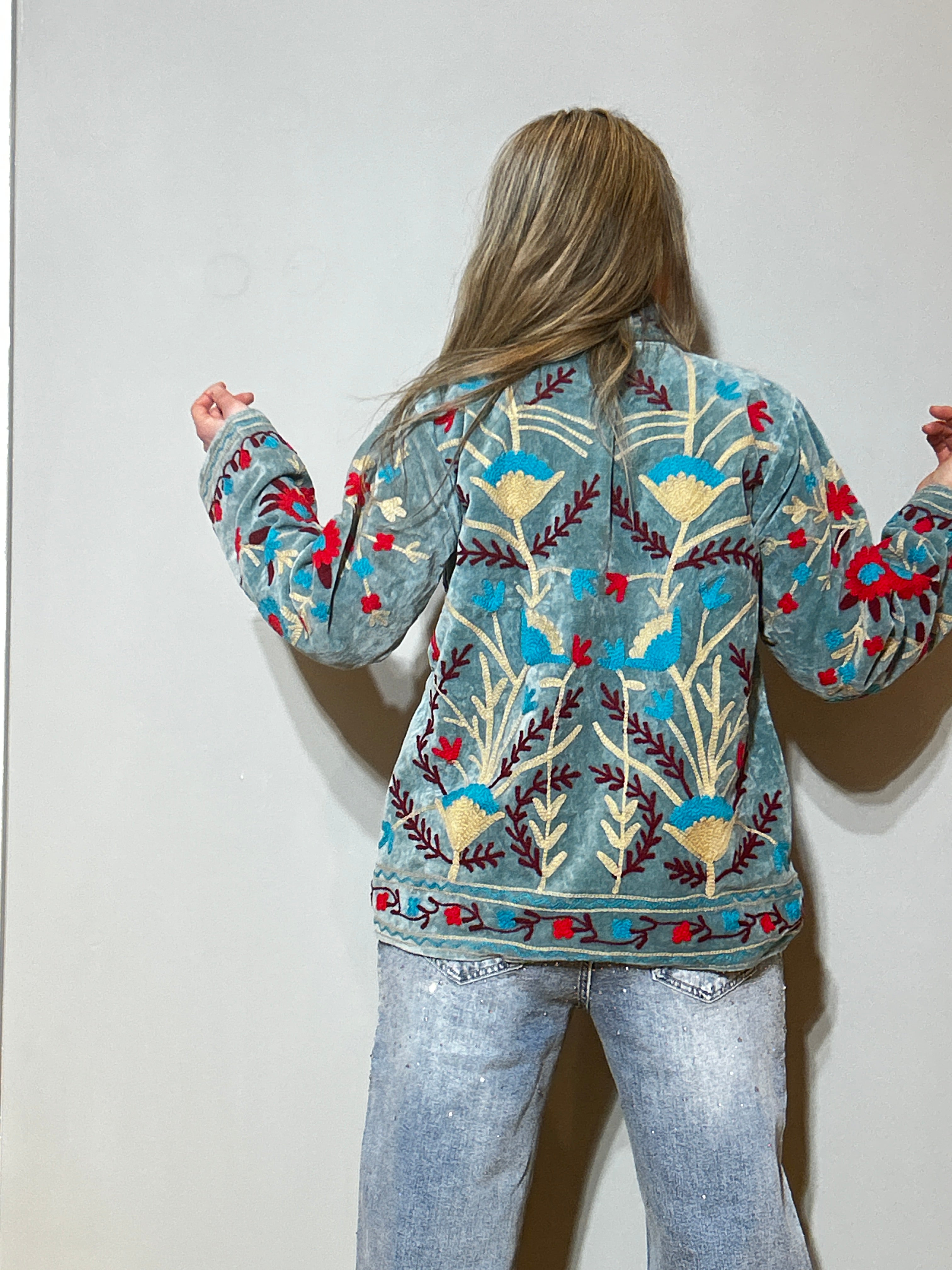Suzani Hand-Embroidered Velvet Jacket – Sage Blue Poppy