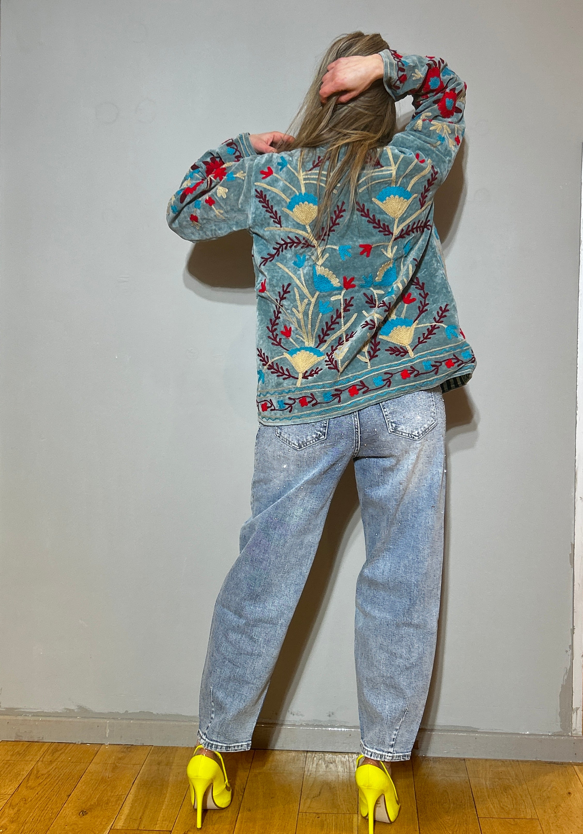 Suzani Hand-Embroidered Velvet Jacket – Sage Blue Poppy