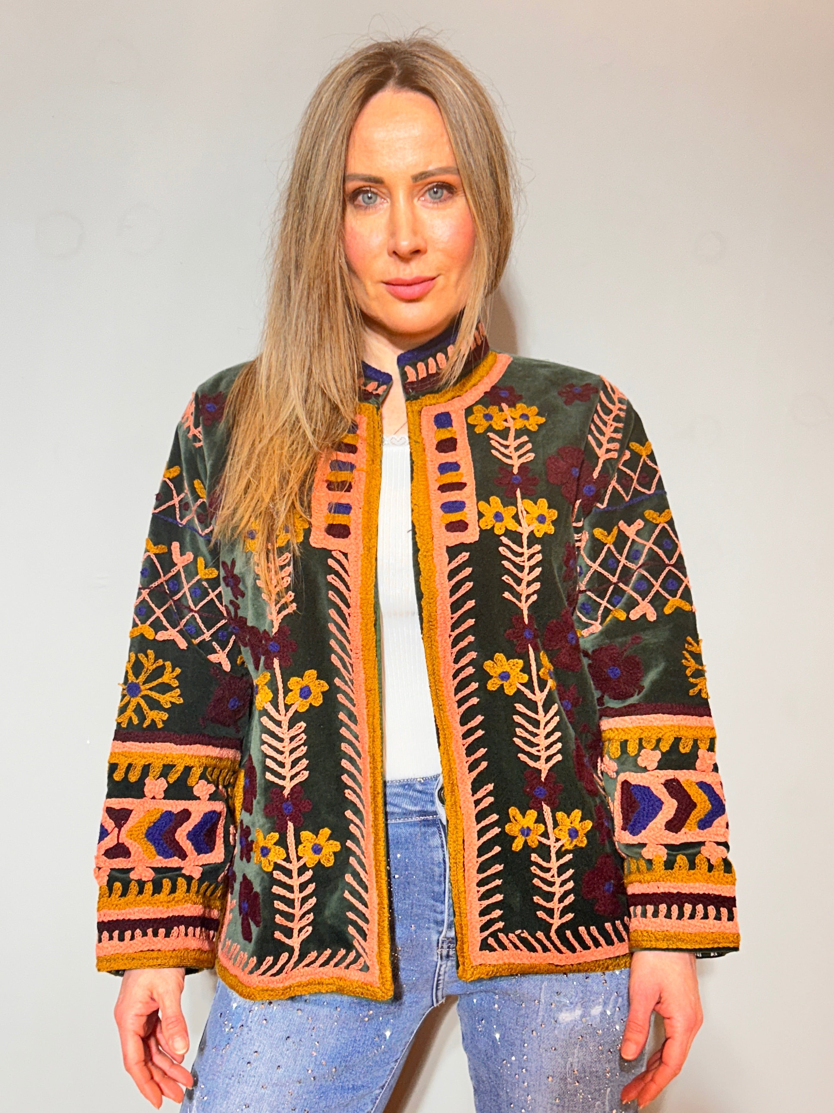 Suzani Hand-Embroidered Velvet Jacket – Forest Green & Gold Garden