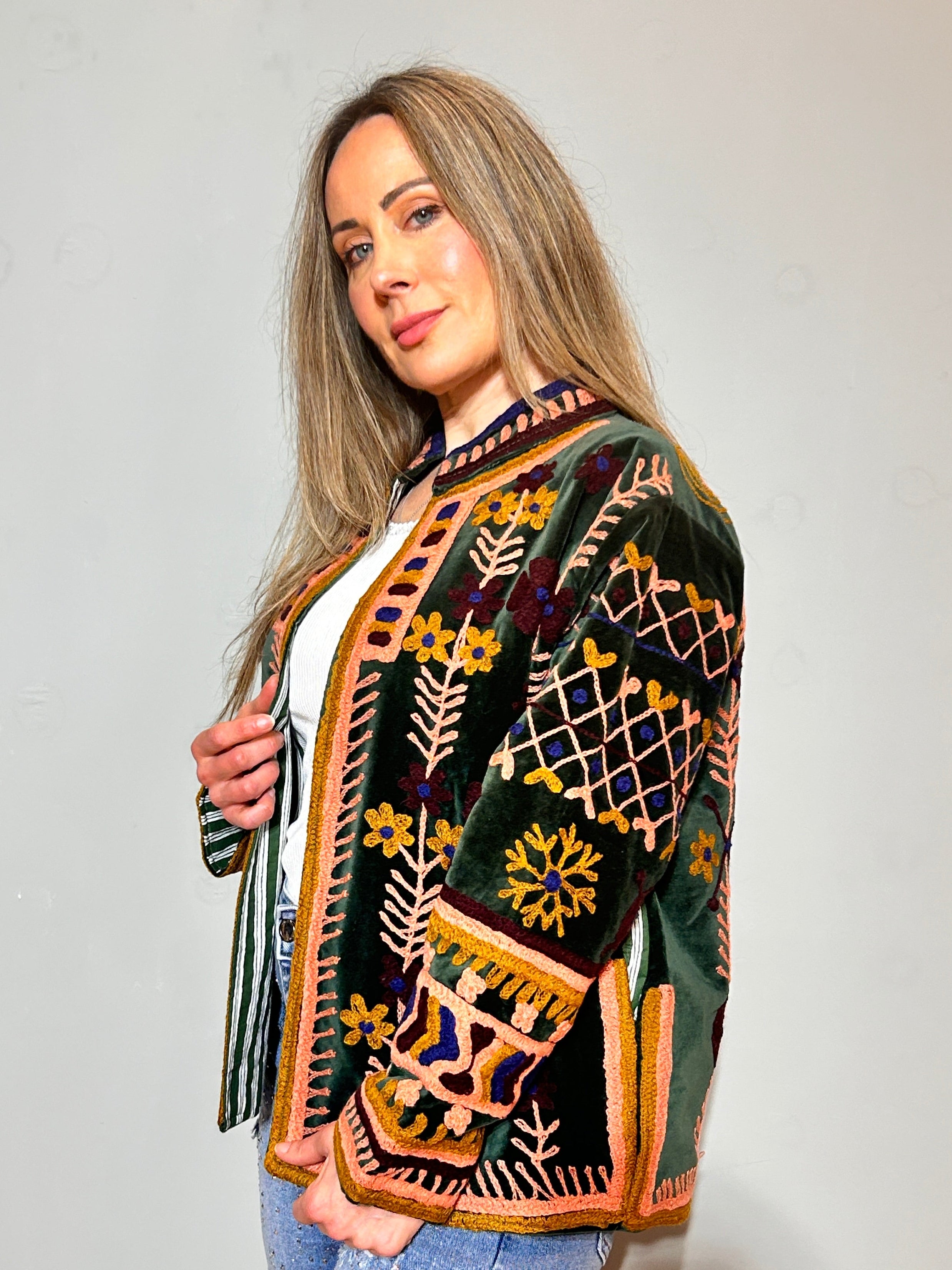 Suzani Hand-Embroidered Velvet Jacket – Forest Green & Gold Garden