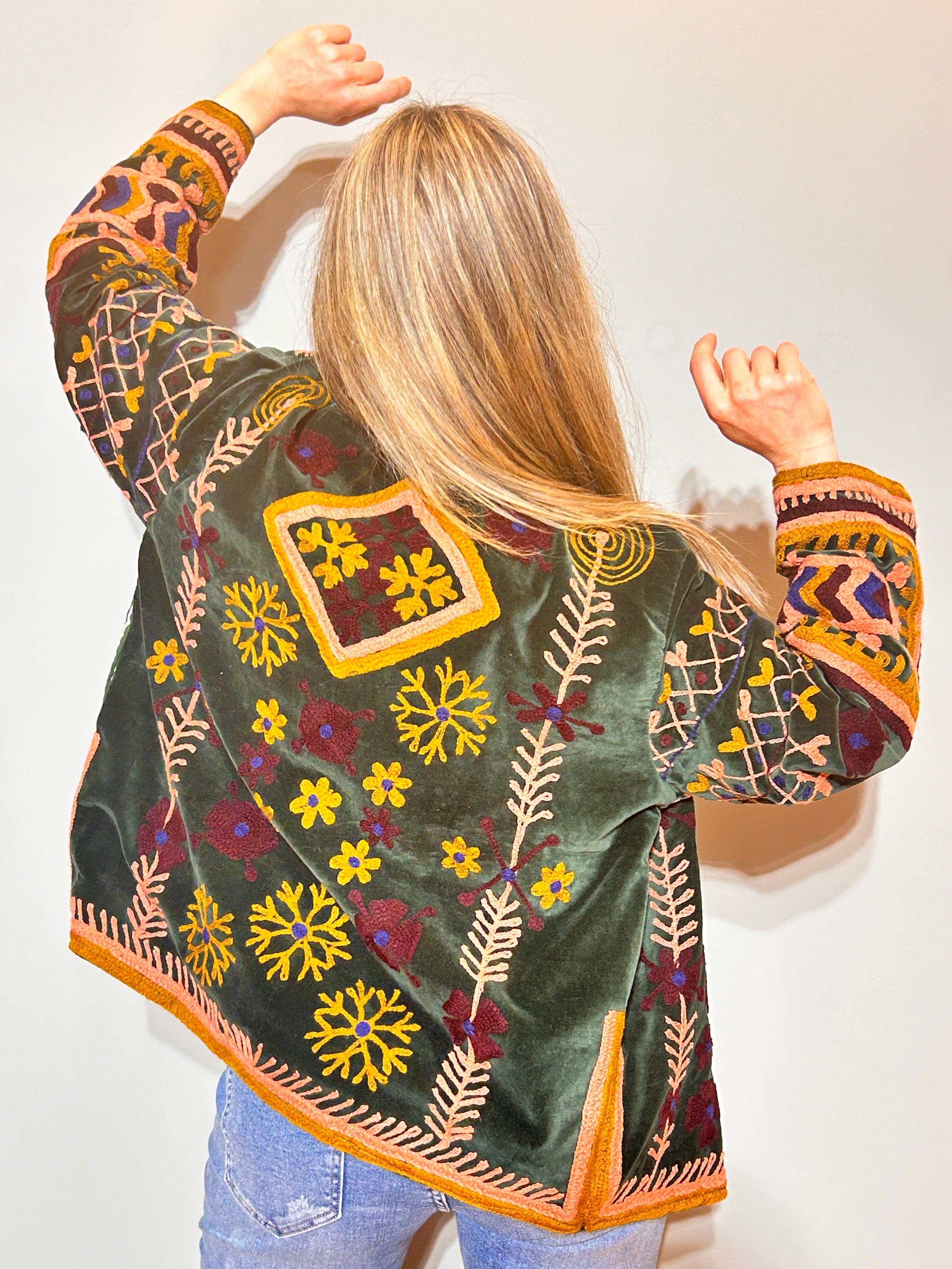 Suzani Hand-Embroidered Velvet Jacket – Forest Green & Gold Garden