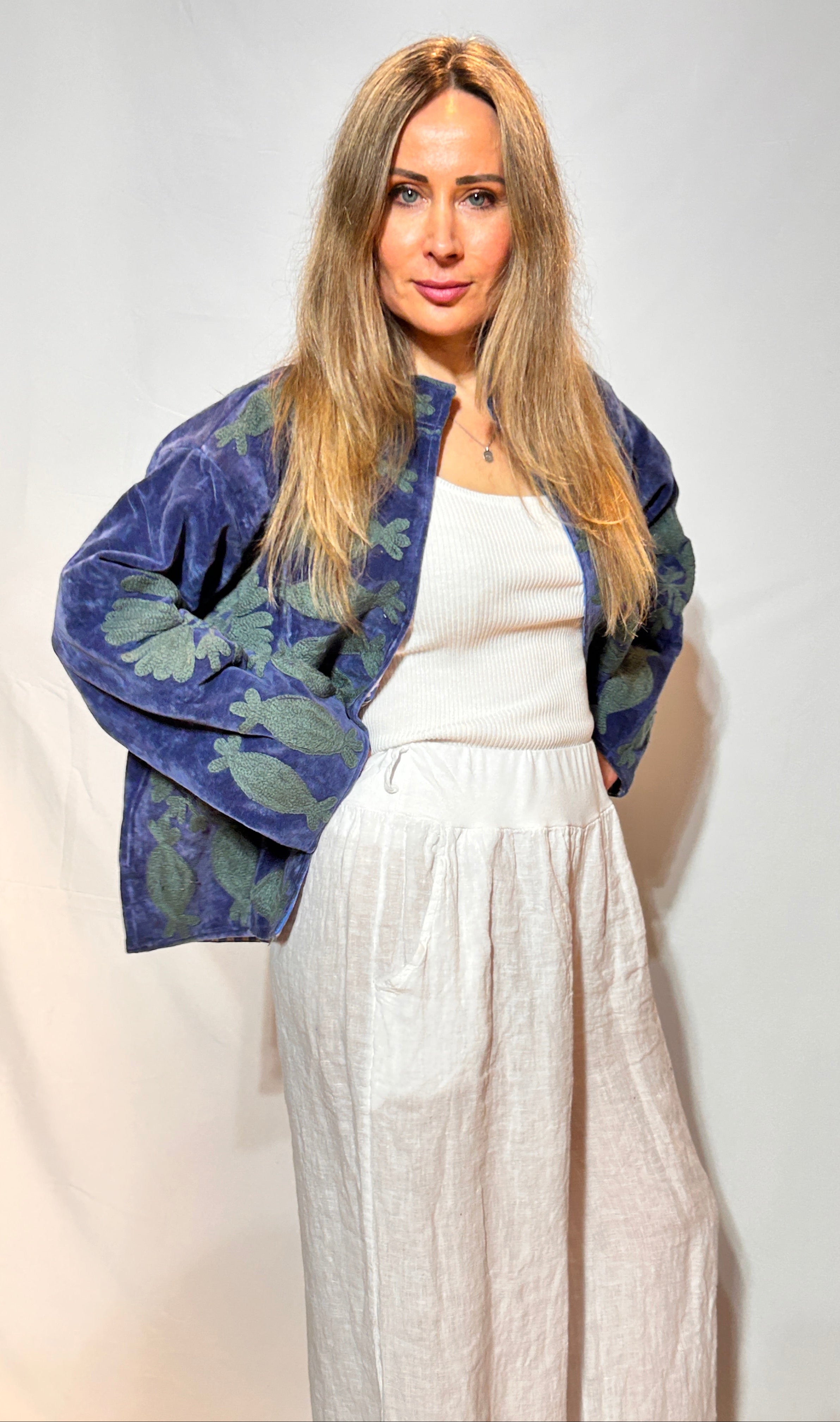 Suzani Velvet Jacket – Denim Blue Fish