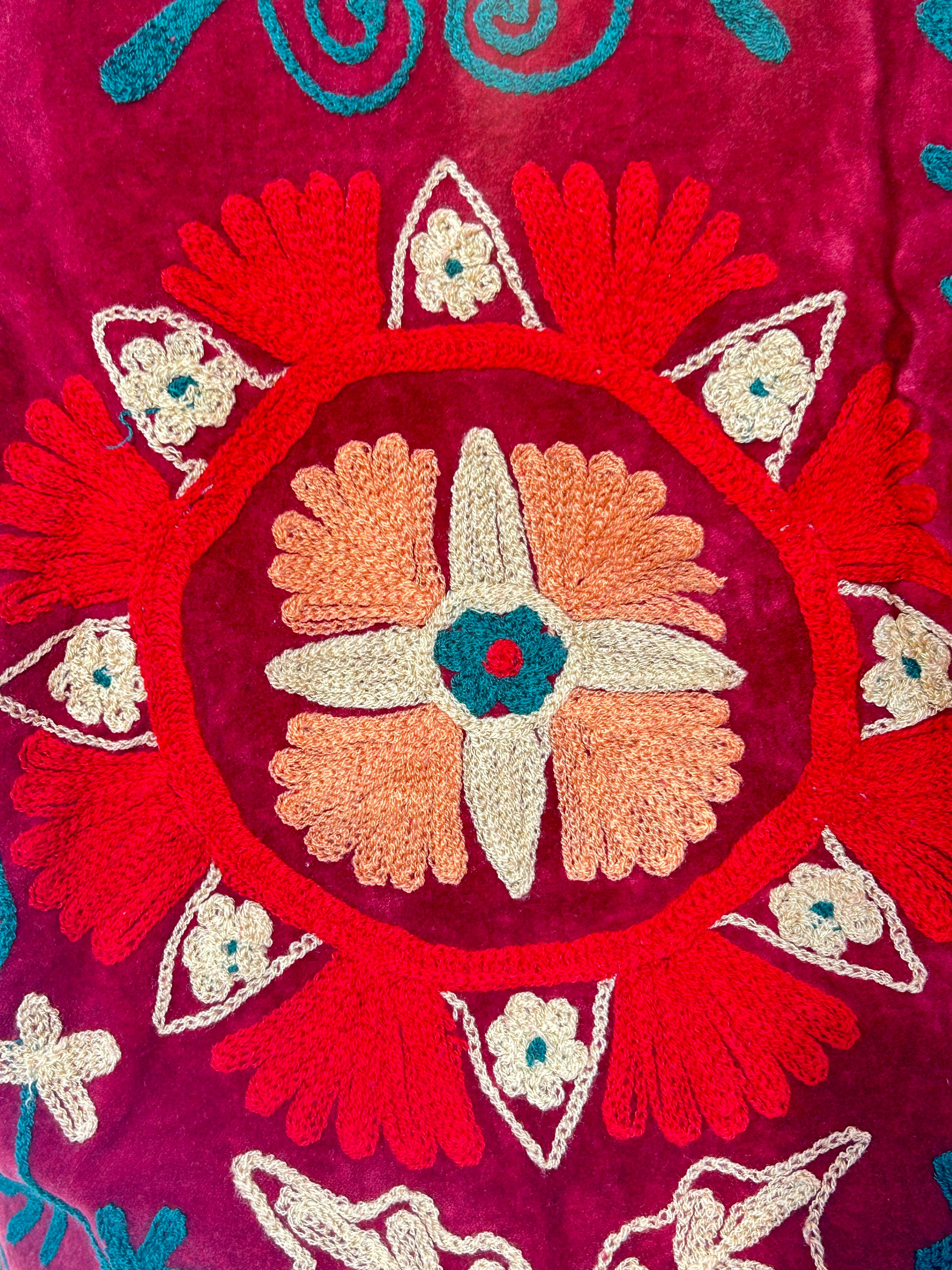 Suzani Hand-Embroidered Velvet Jacket – Crimson Poppy & Heart
