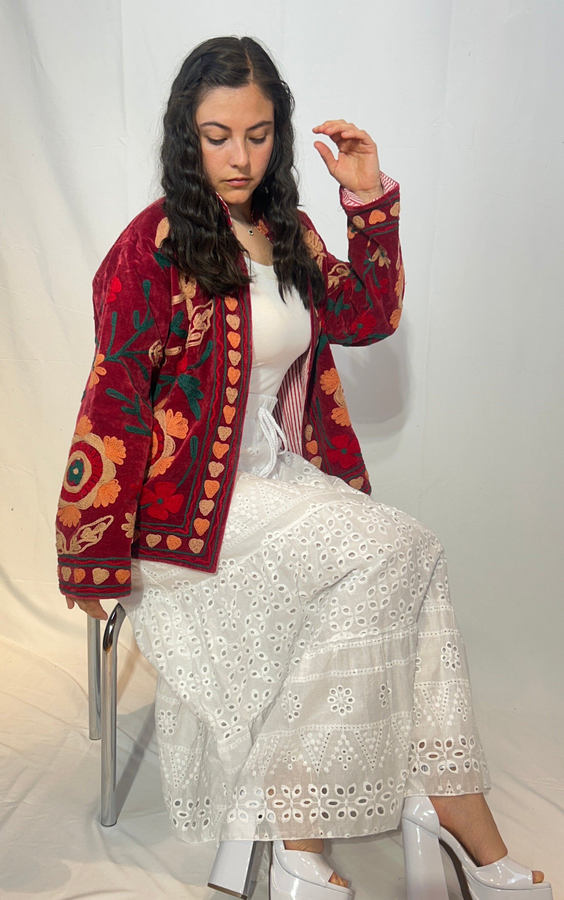 Suzani Hand-Embroidered Velvet Jacket – Crimson Poppy & Heart