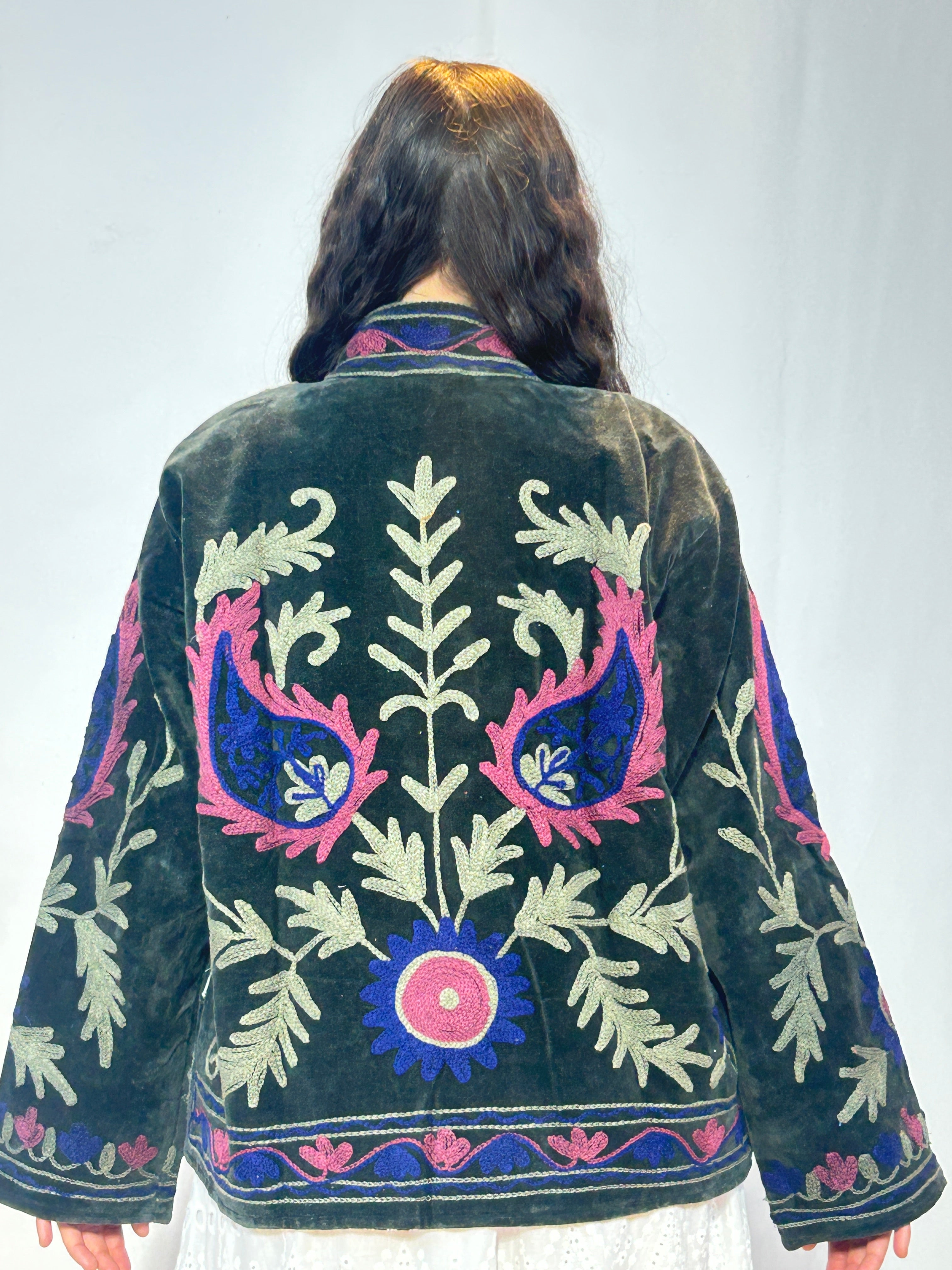 Suzani Hand-Embroidered Velvet Jacket – Forest Green & Pink Bloom