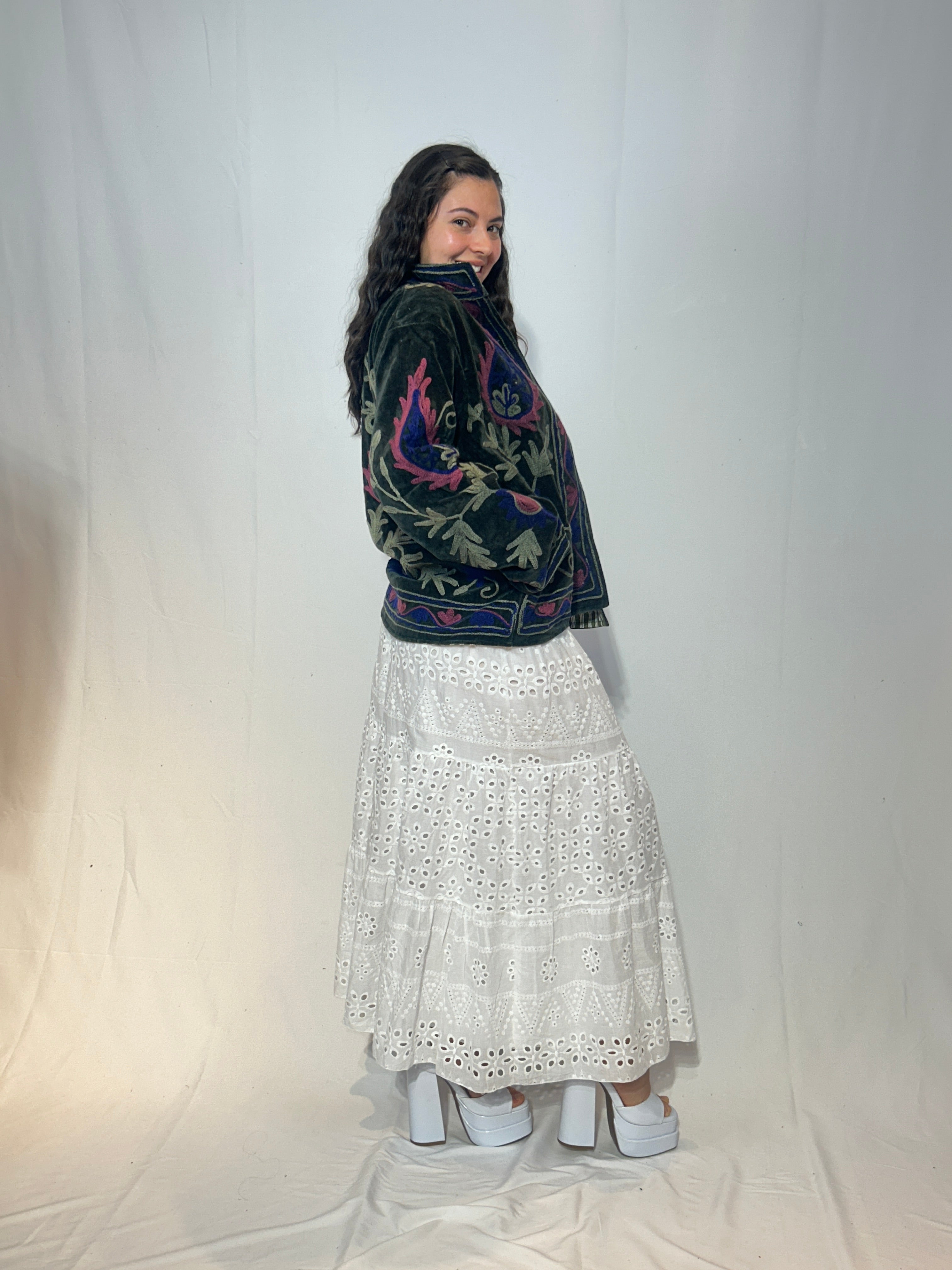 Suzani Hand-Embroidered Velvet Jacket – Forest Green & Pink Bloom