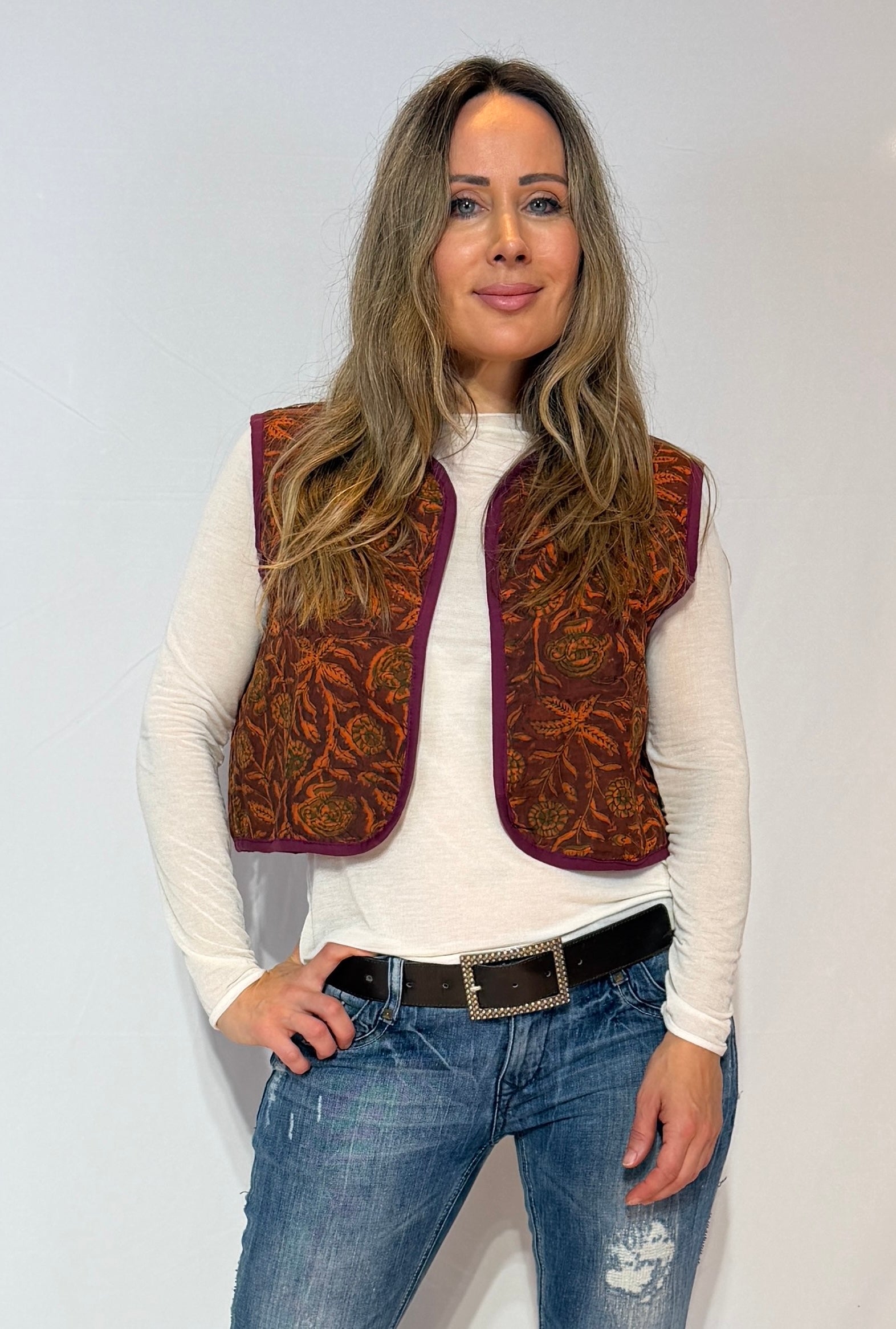 Handmade Kantha Quilt Vest – Copper Bloom & Plum
