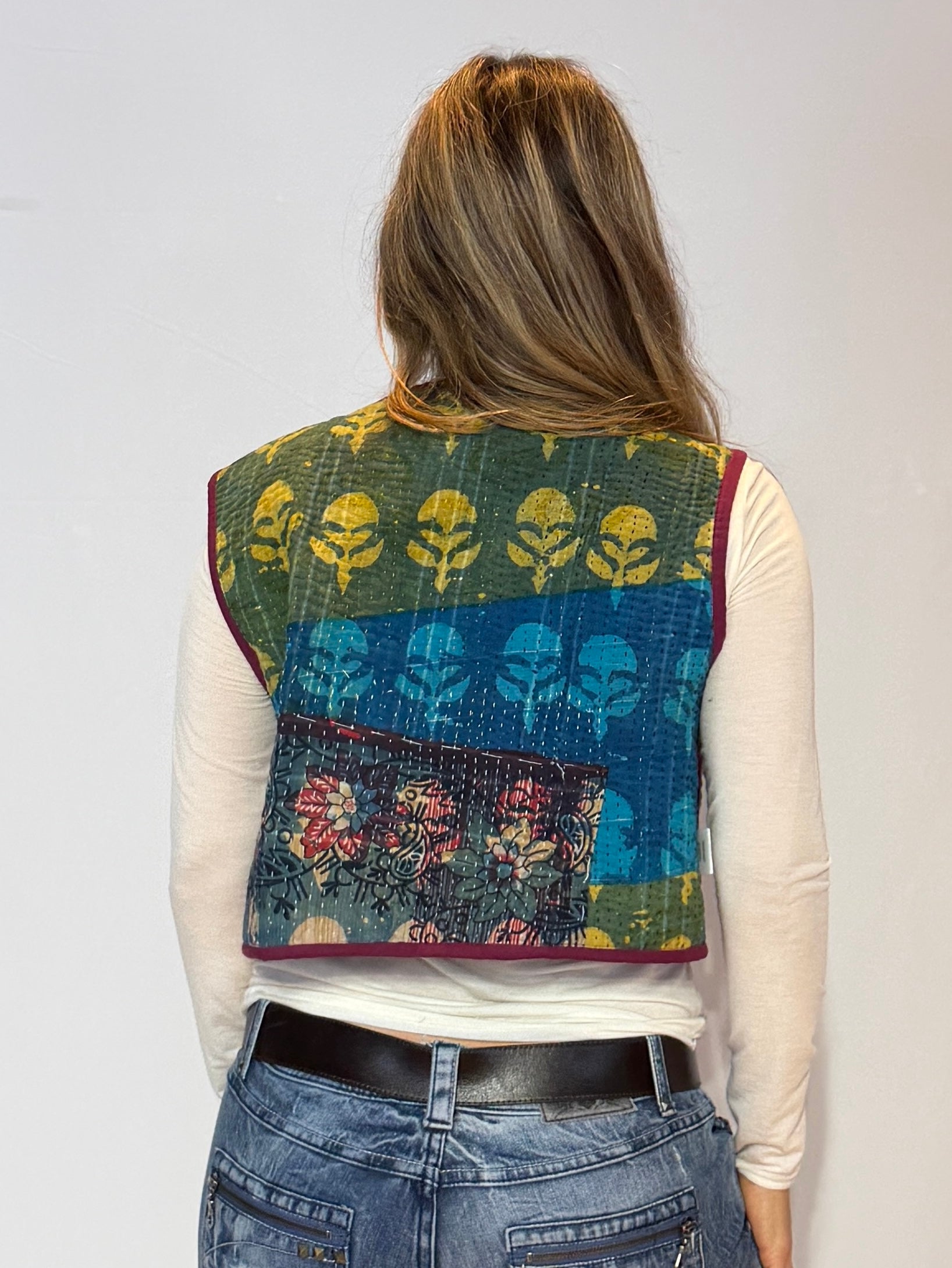 Handmade Kantha Quilt Vest – Forest Green & Golden Scroll