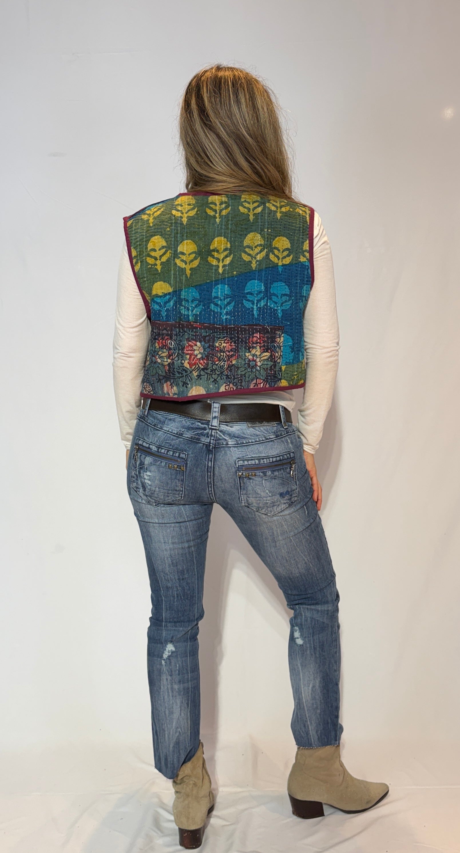 Handmade Kantha Quilt Vest – Forest Green & Golden Scroll