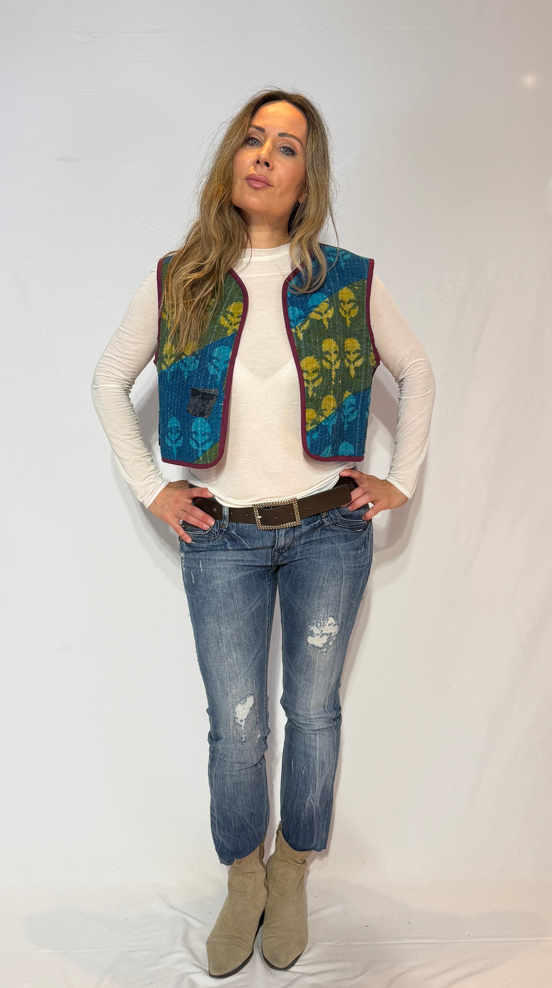 Handmade Kantha Quilt Vest – Forest Green & Golden Scroll