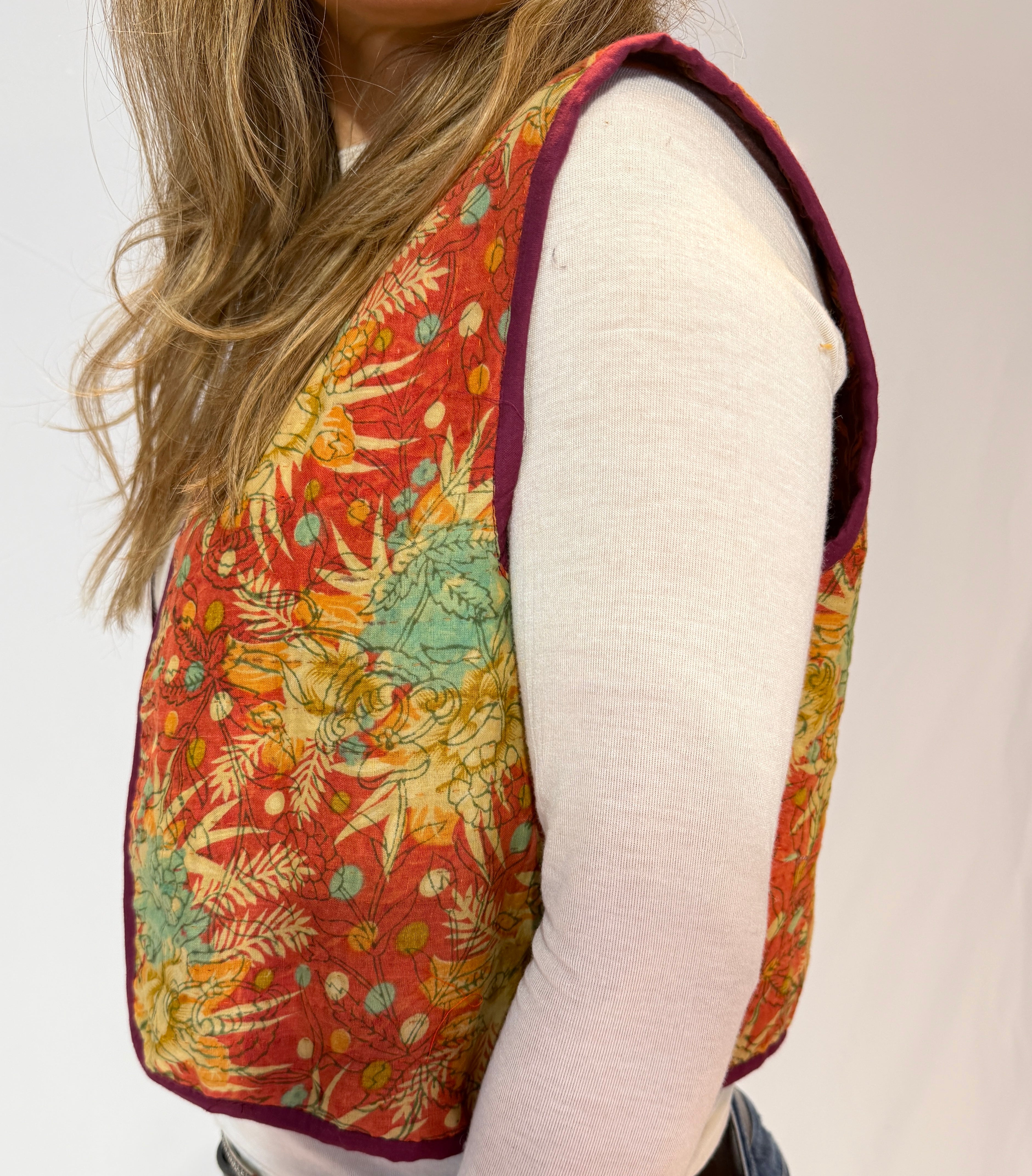 Handmade Kantha Quilt Vest – Copper Bloom & Plum