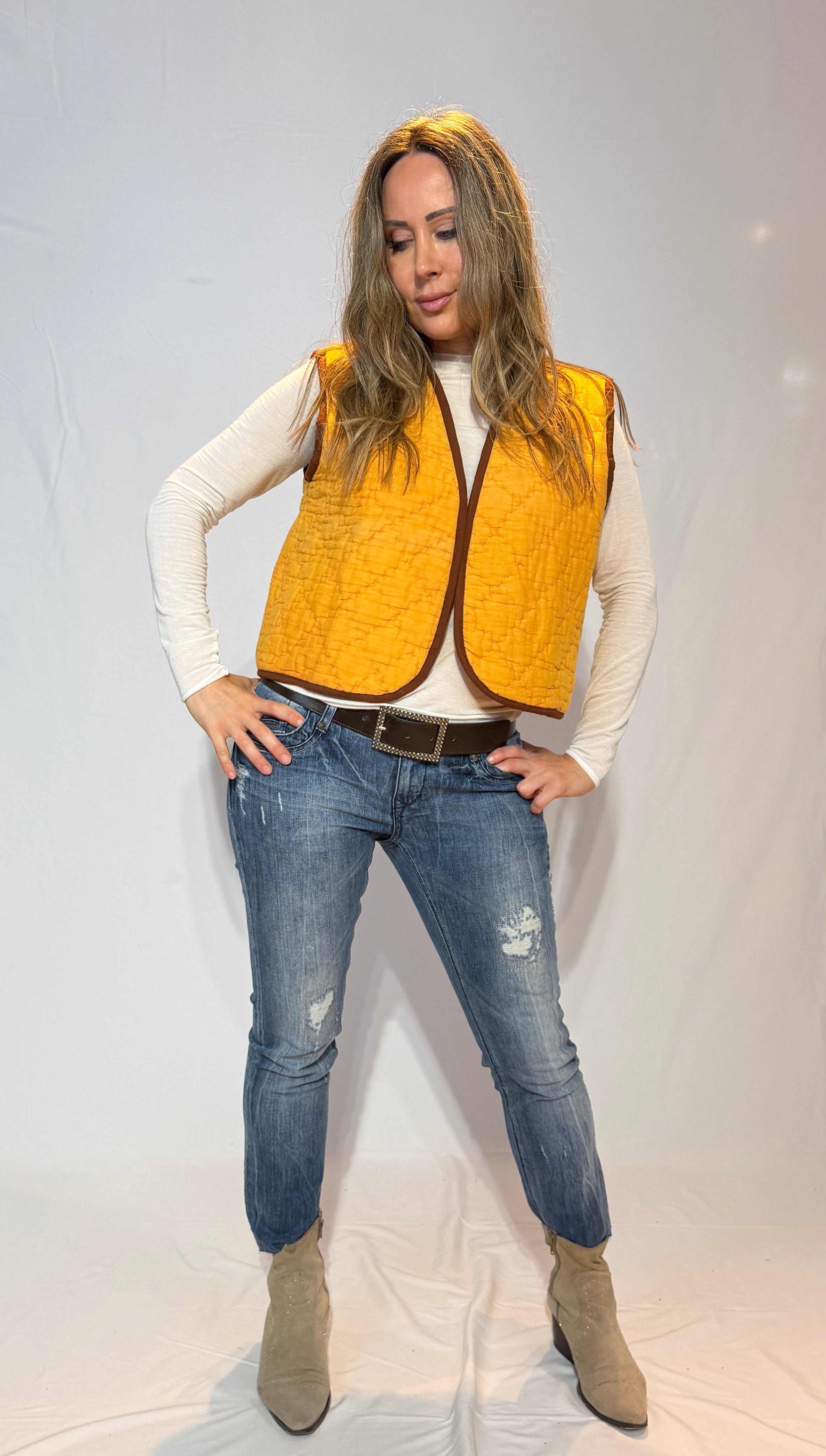 Handmade Kantha Quilt Vest – Golden Amber & Chocolate