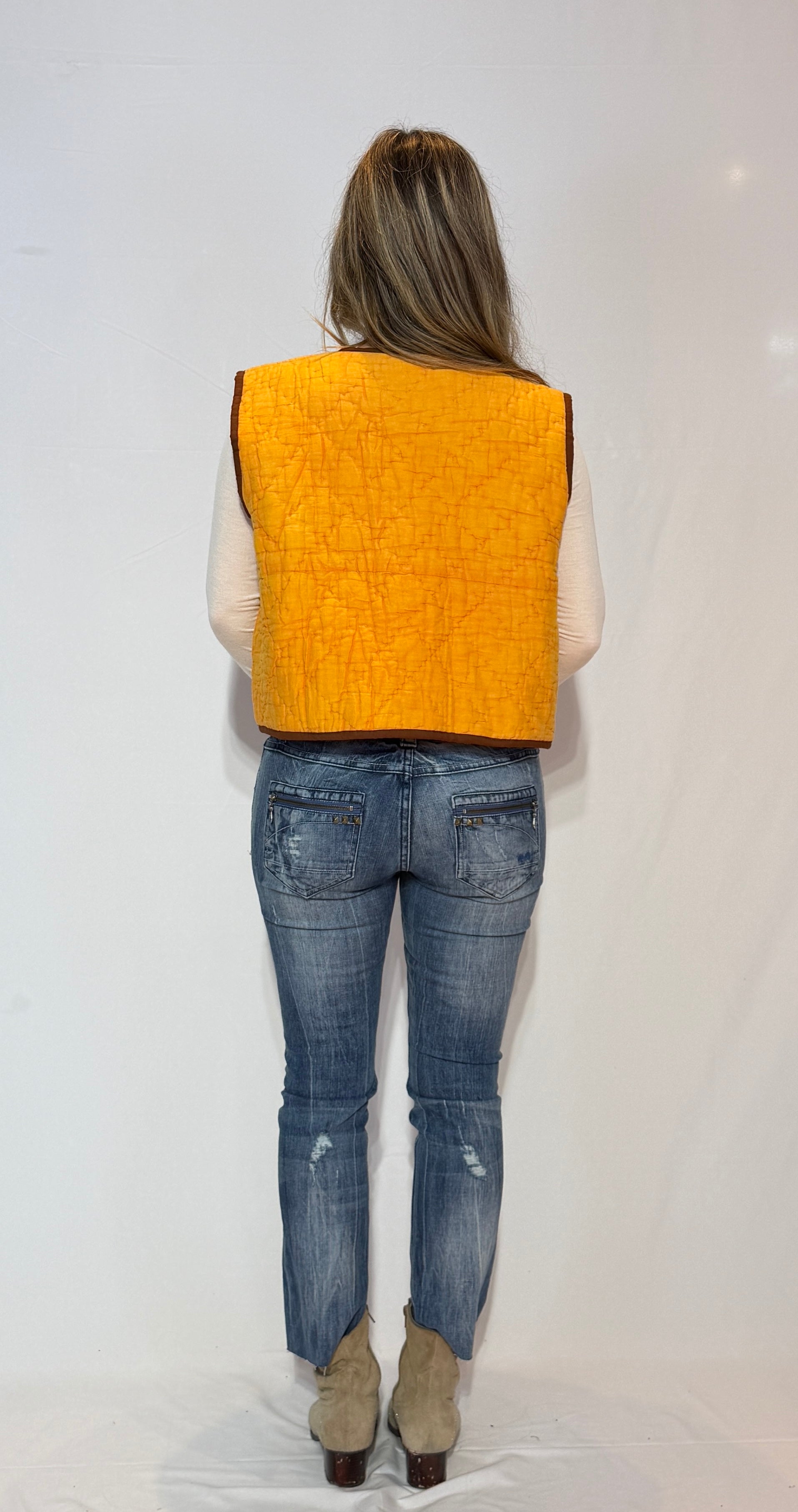 Handmade Kantha Quilt Vest – Golden Amber & Chocolate