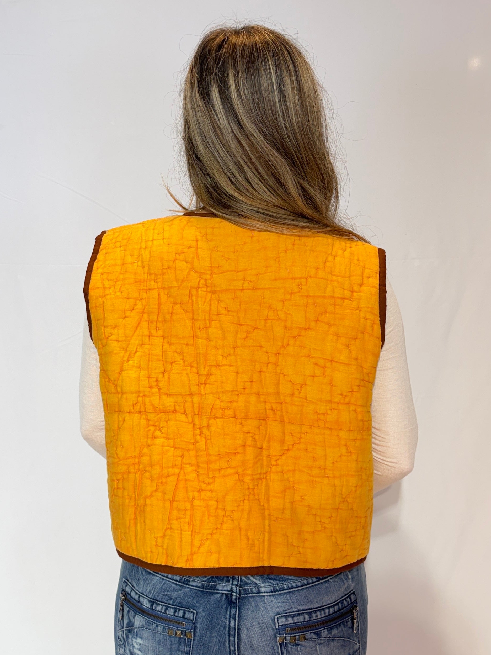 Handmade Kantha Quilt Vest – Golden Amber & Chocolate