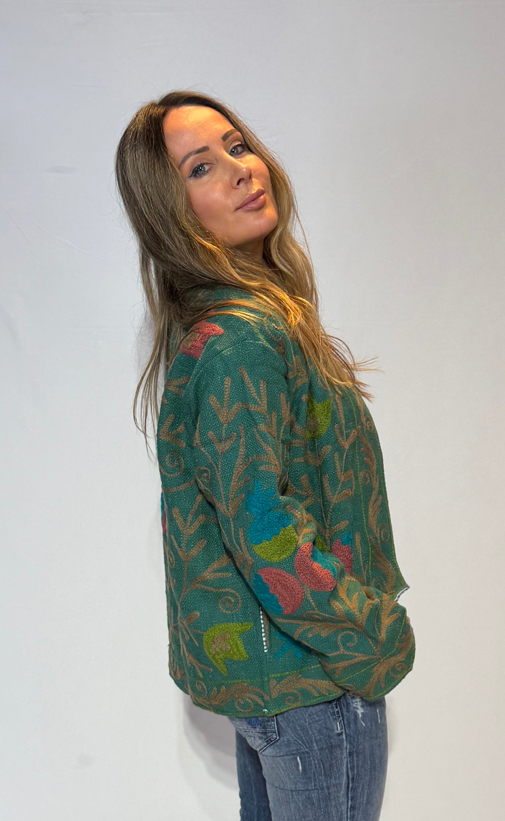 Hand-Embroidered Suzani Jacket – Sage Green & Teal Meadow