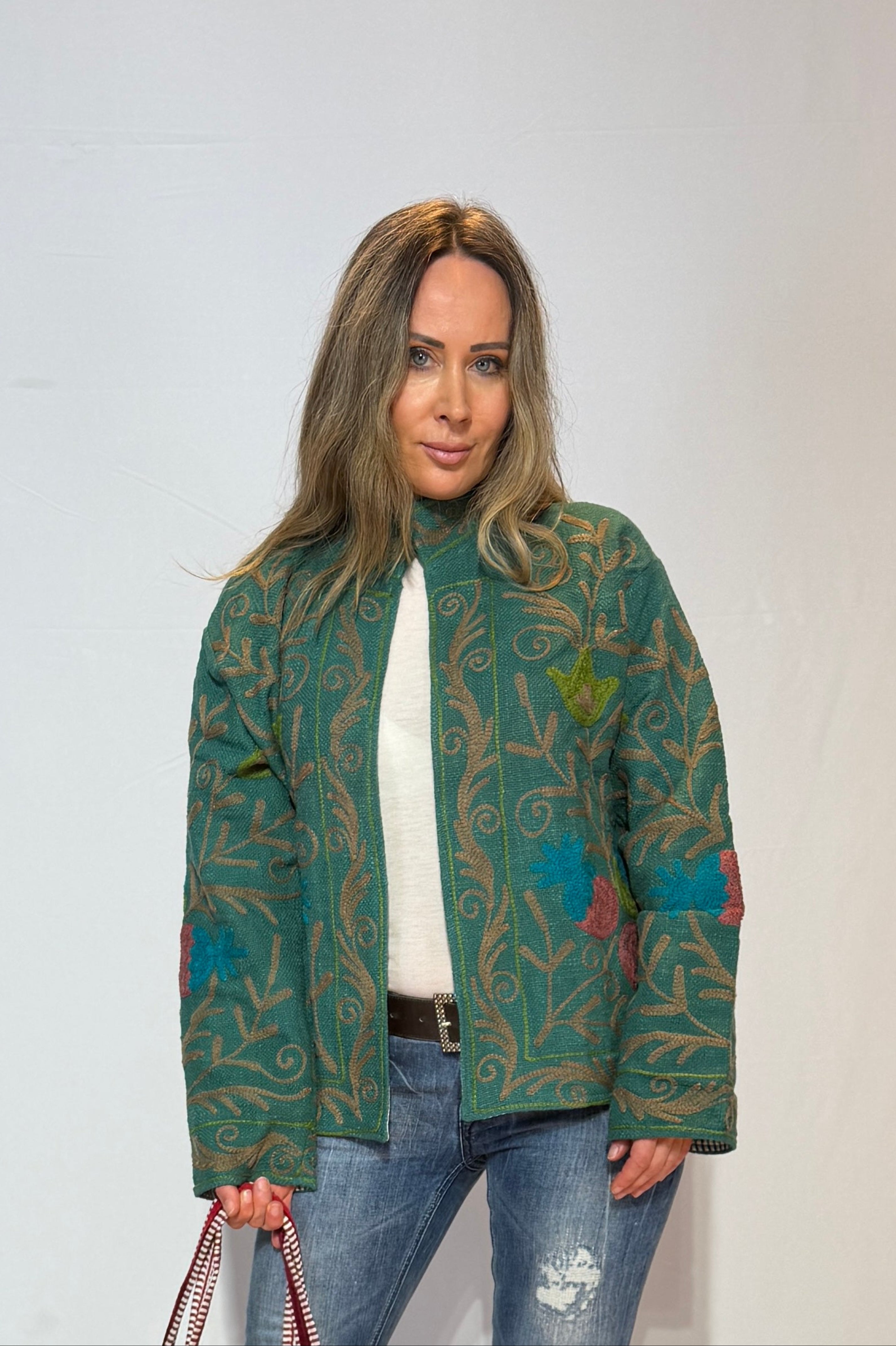 Hand-Embroidered Suzani Jacket – Sage Green & Teal Meadow