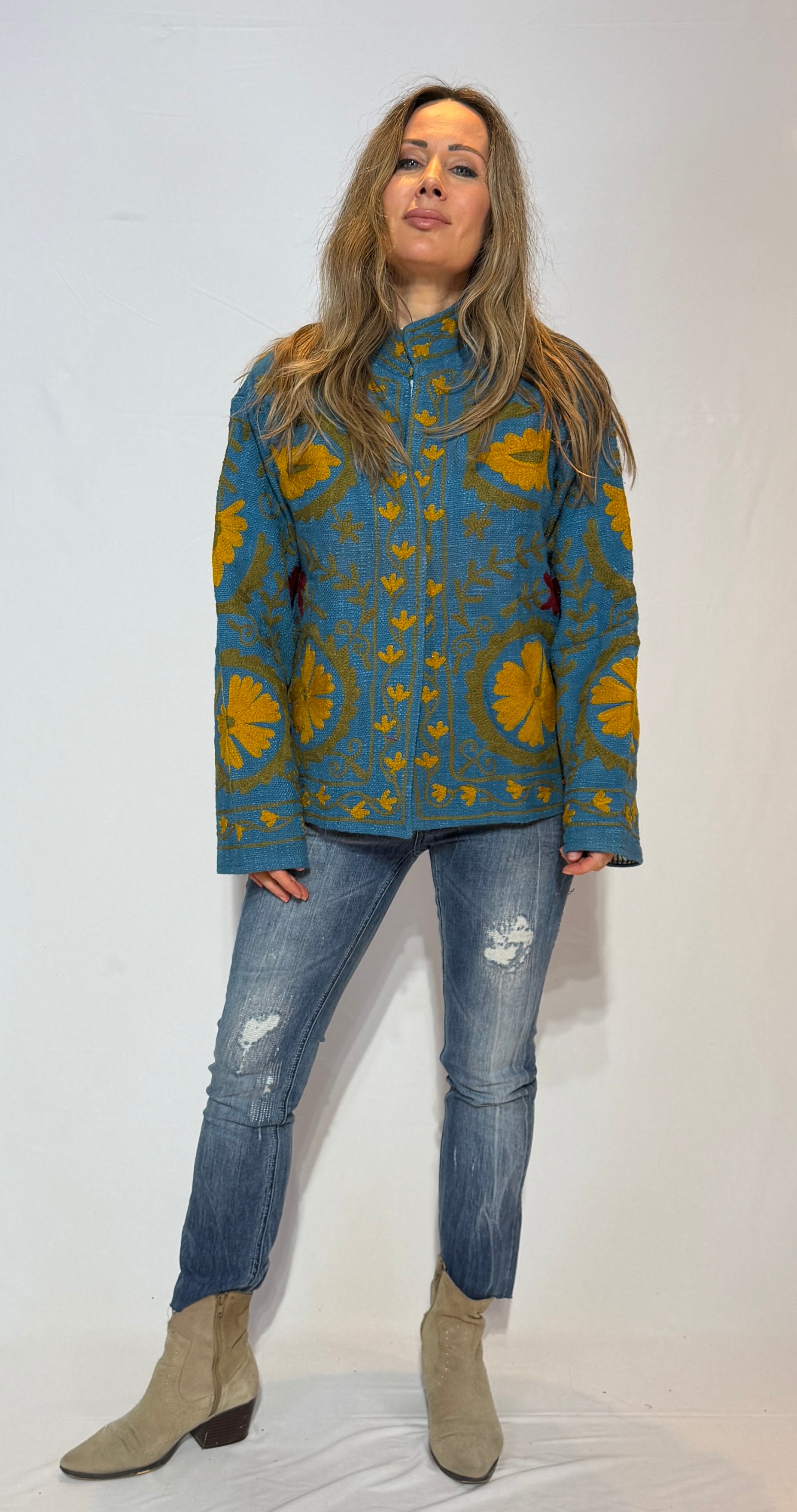 Hand-Embroidered Suzani Jacket – Slate Blue & Mustard Bloom
