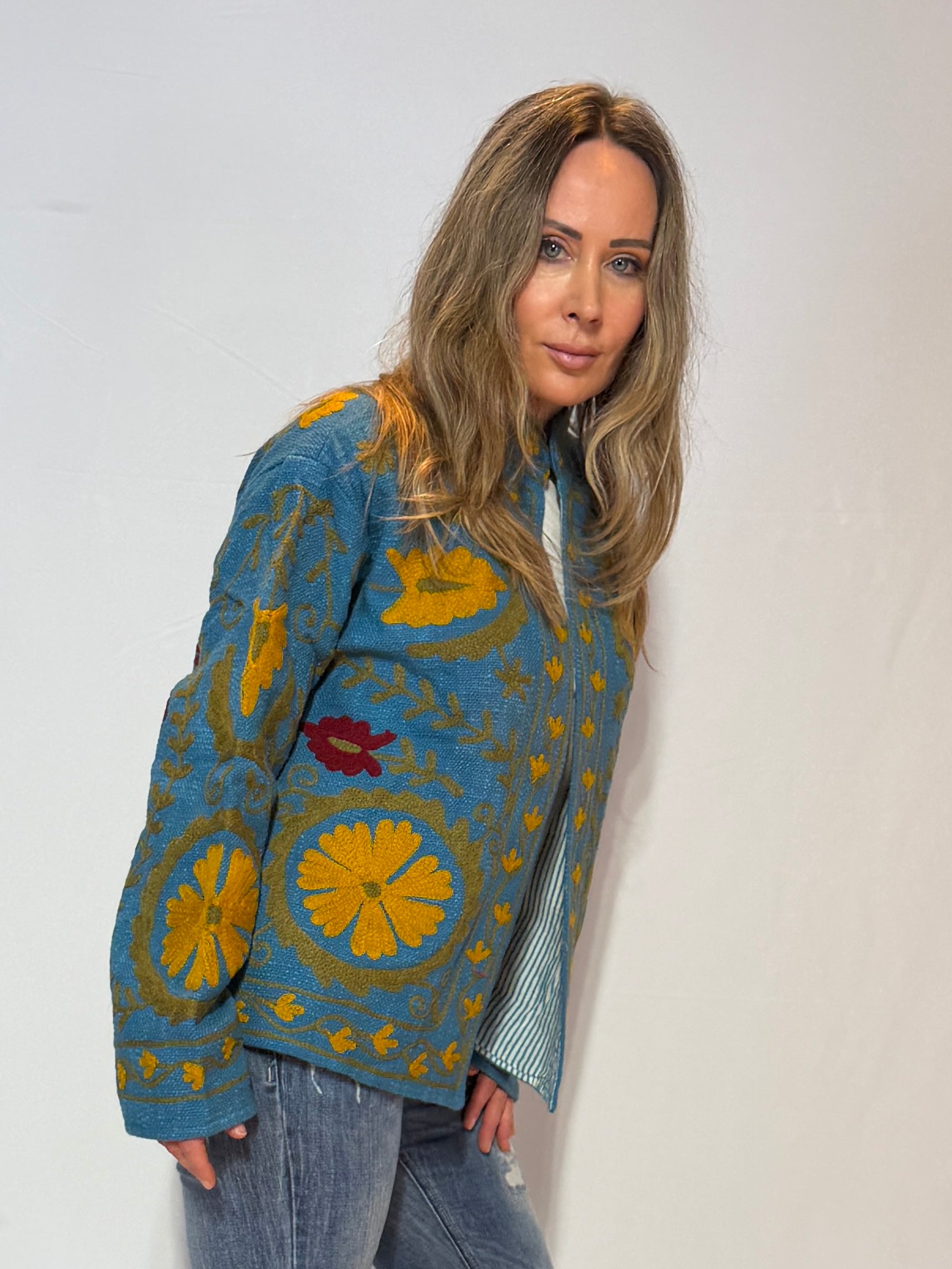 Hand-Embroidered Suzani Jacket – Slate Blue & Mustard Bloom