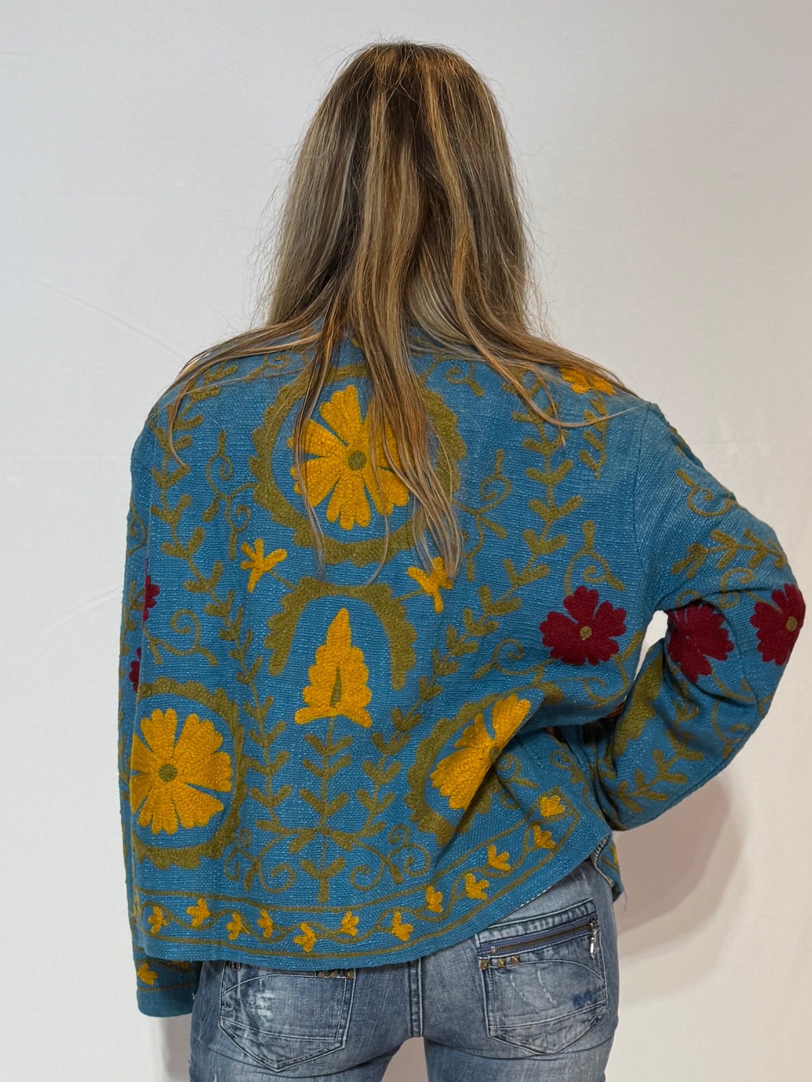 Hand-Embroidered Suzani Jacket – Slate Blue & Mustard Bloom