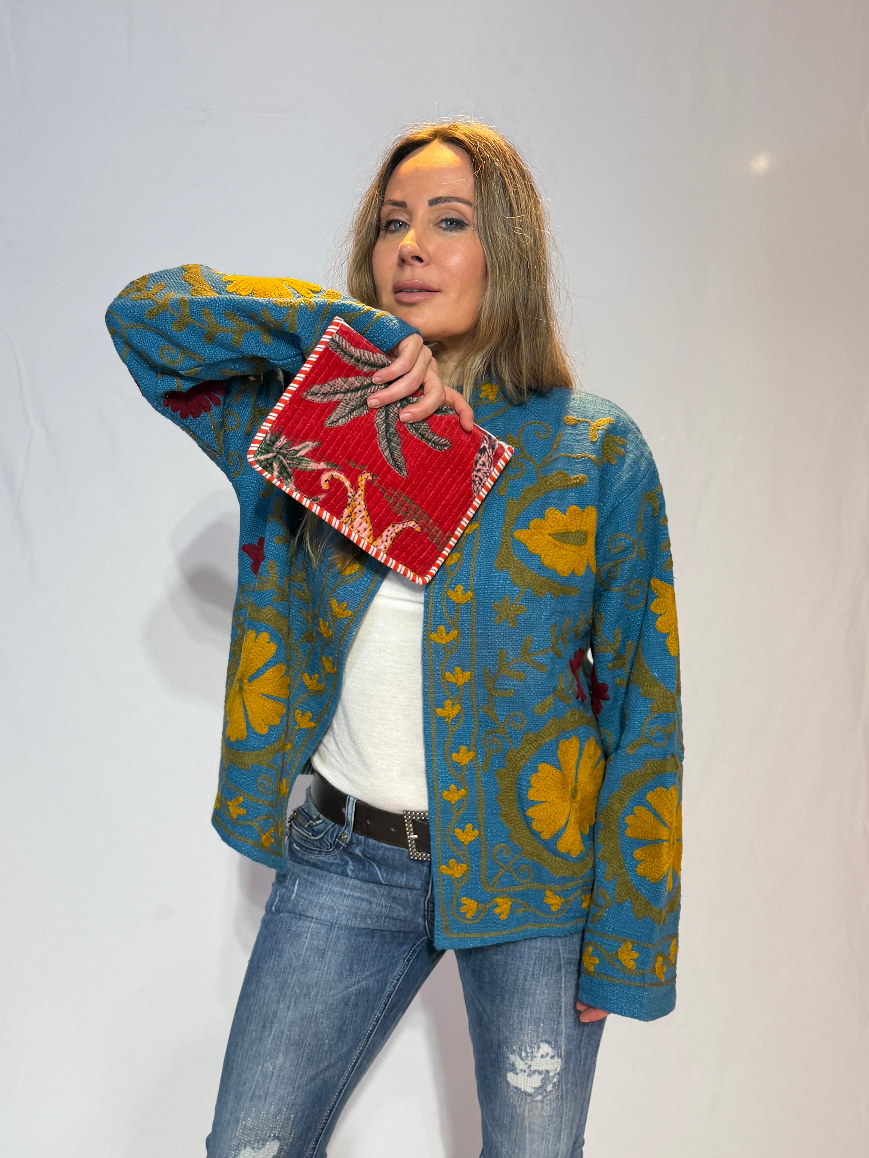 Hand-Embroidered Suzani Jacket – Slate Blue & Mustard Bloom