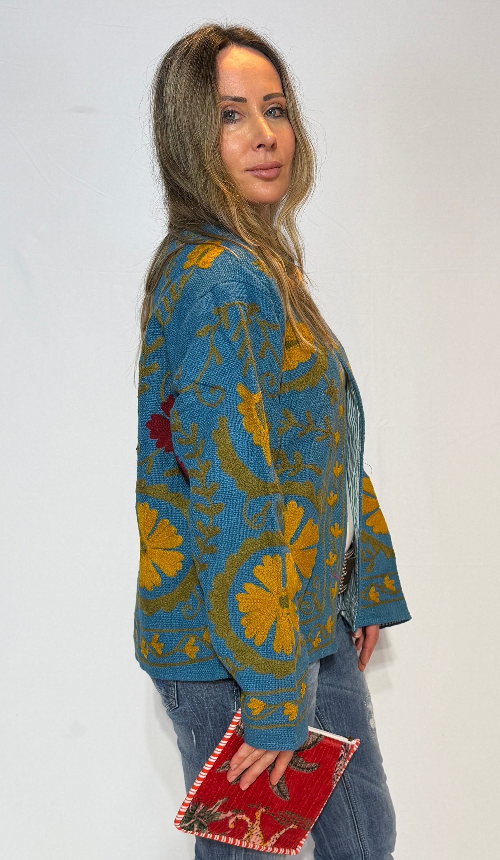 Hand-Embroidered Suzani Jacket – Slate Blue & Mustard Bloom