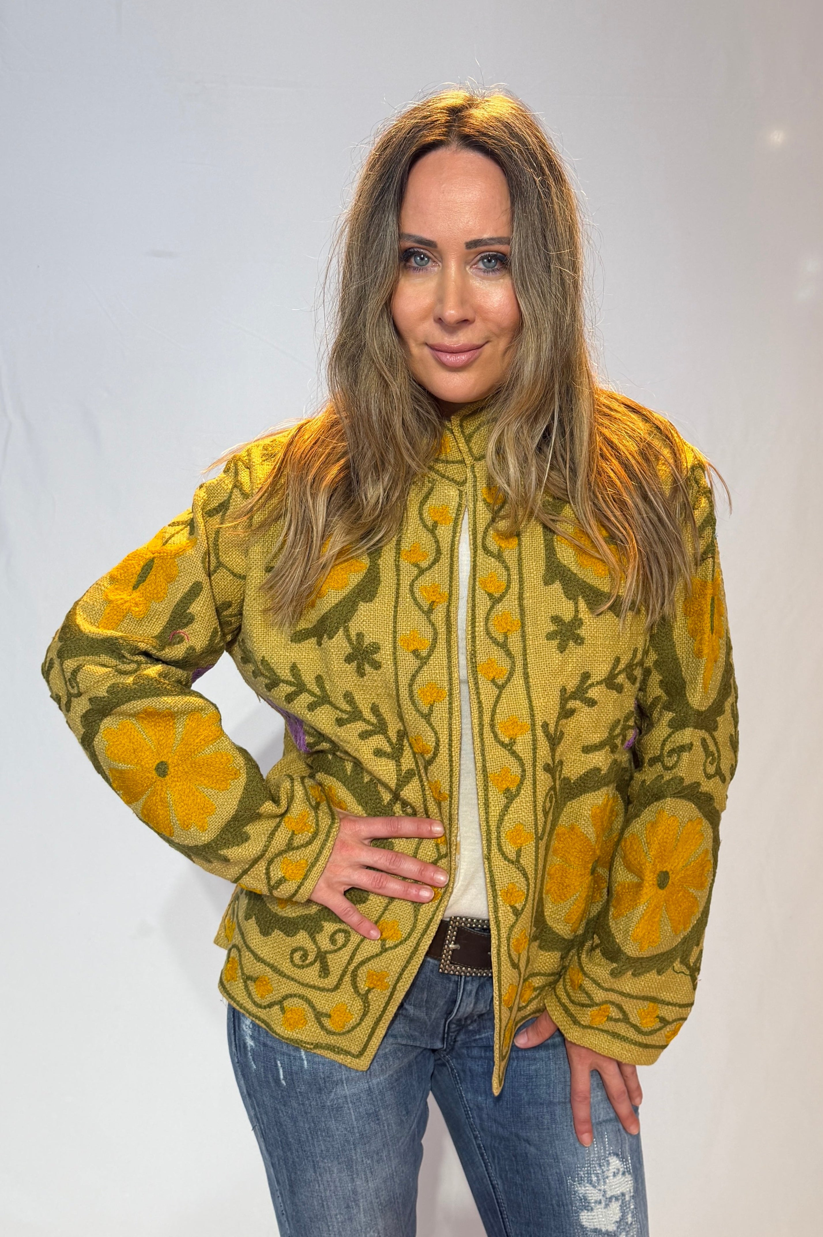Hand-Embroidered Suzani Jacket – Golden Mustard & Olive Sunflower