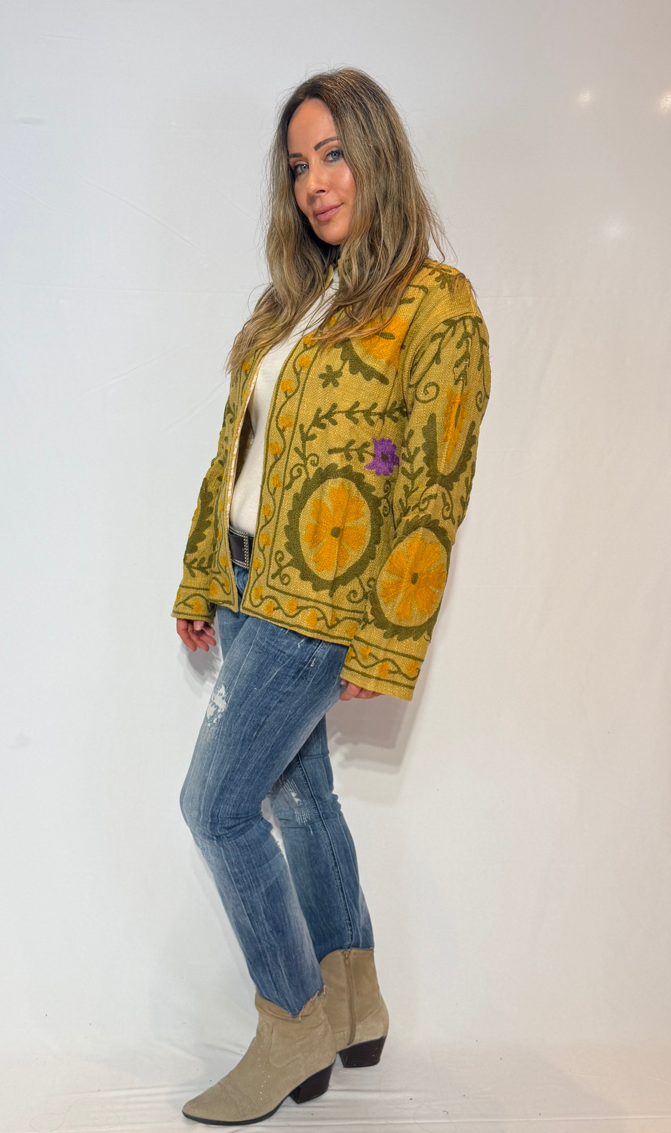 Hand-Embroidered Suzani Jacket – Golden Mustard & Olive Sunflower