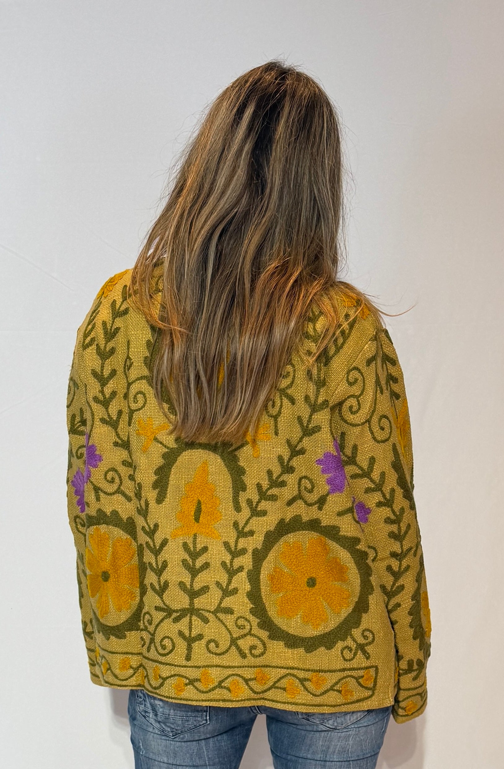Hand-Embroidered Suzani Jacket – Golden Mustard & Olive Sunflower