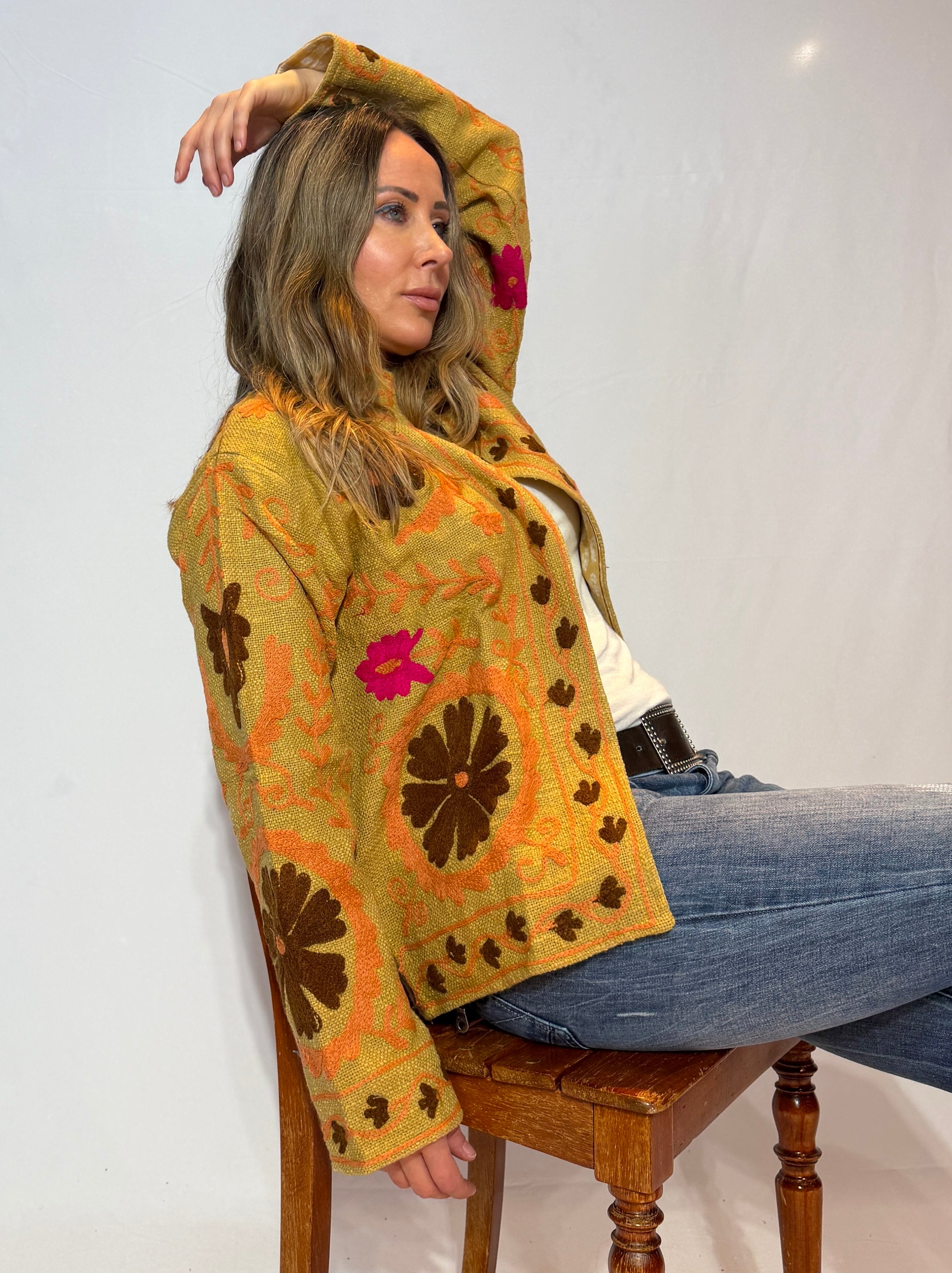 Hand-Embroidered Suzani Jacket – Golden Ochre & Chocolate Bloom