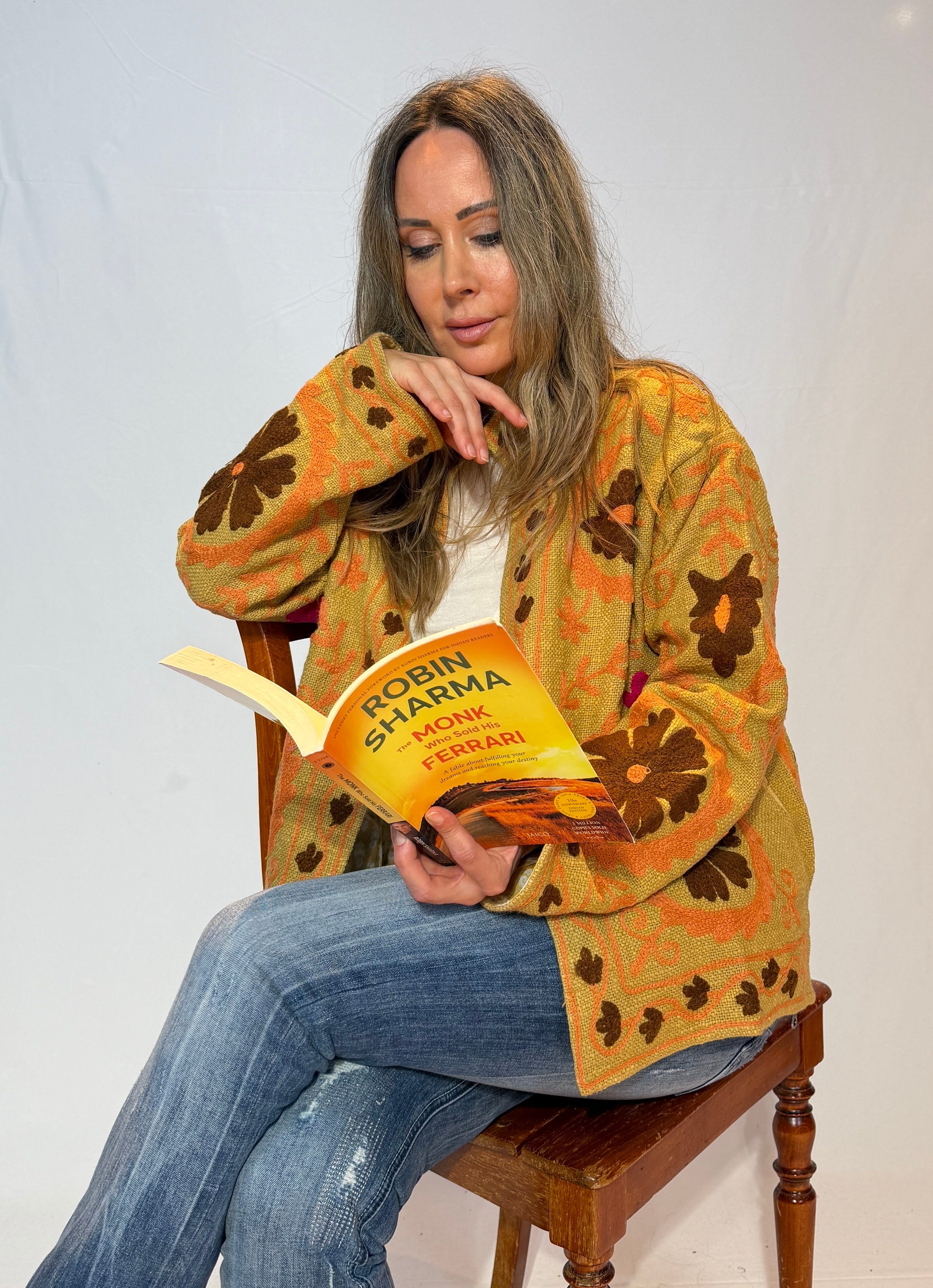 Hand-Embroidered Suzani Jacket – Golden Ochre & Chocolate Bloom