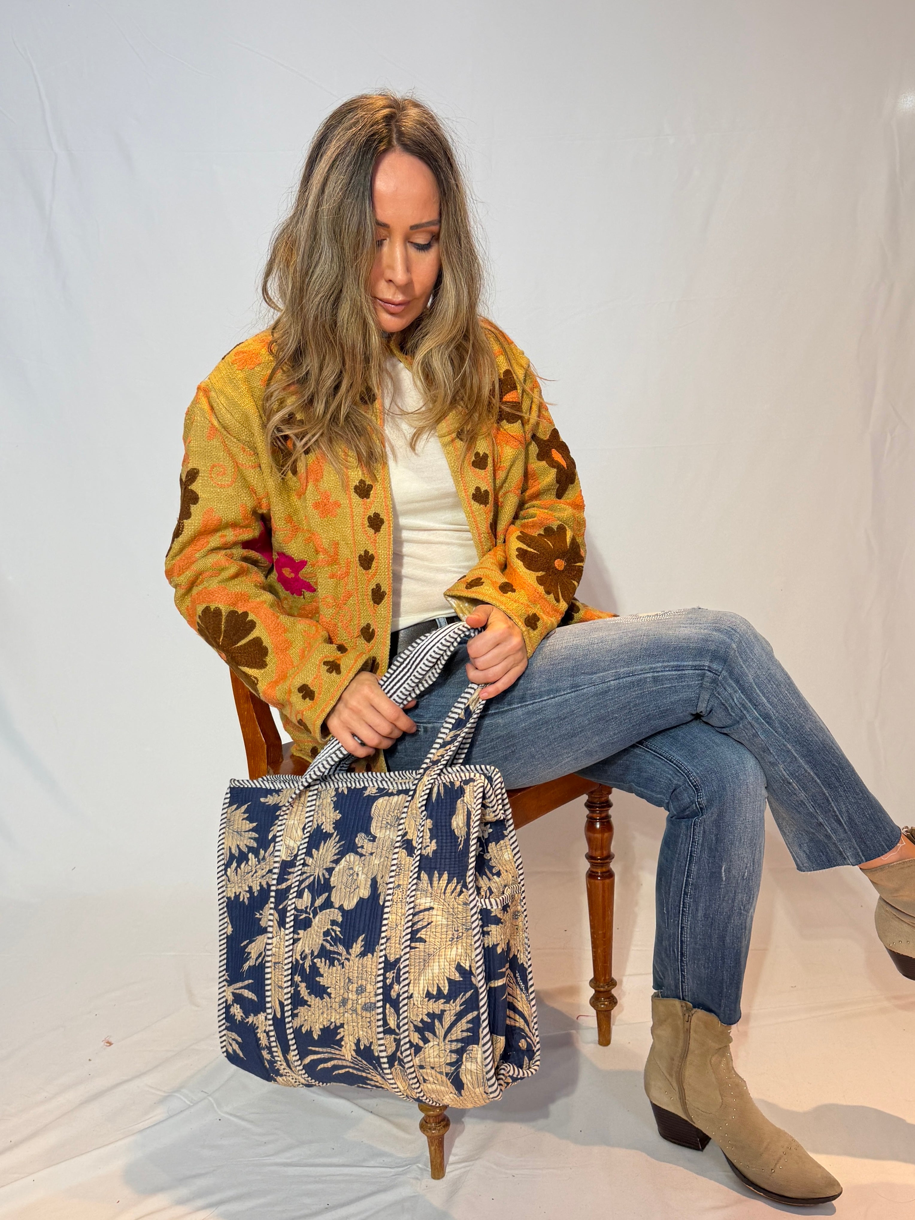 Hand-Embroidered Suzani Jacket – Golden Ochre & Chocolate Bloom