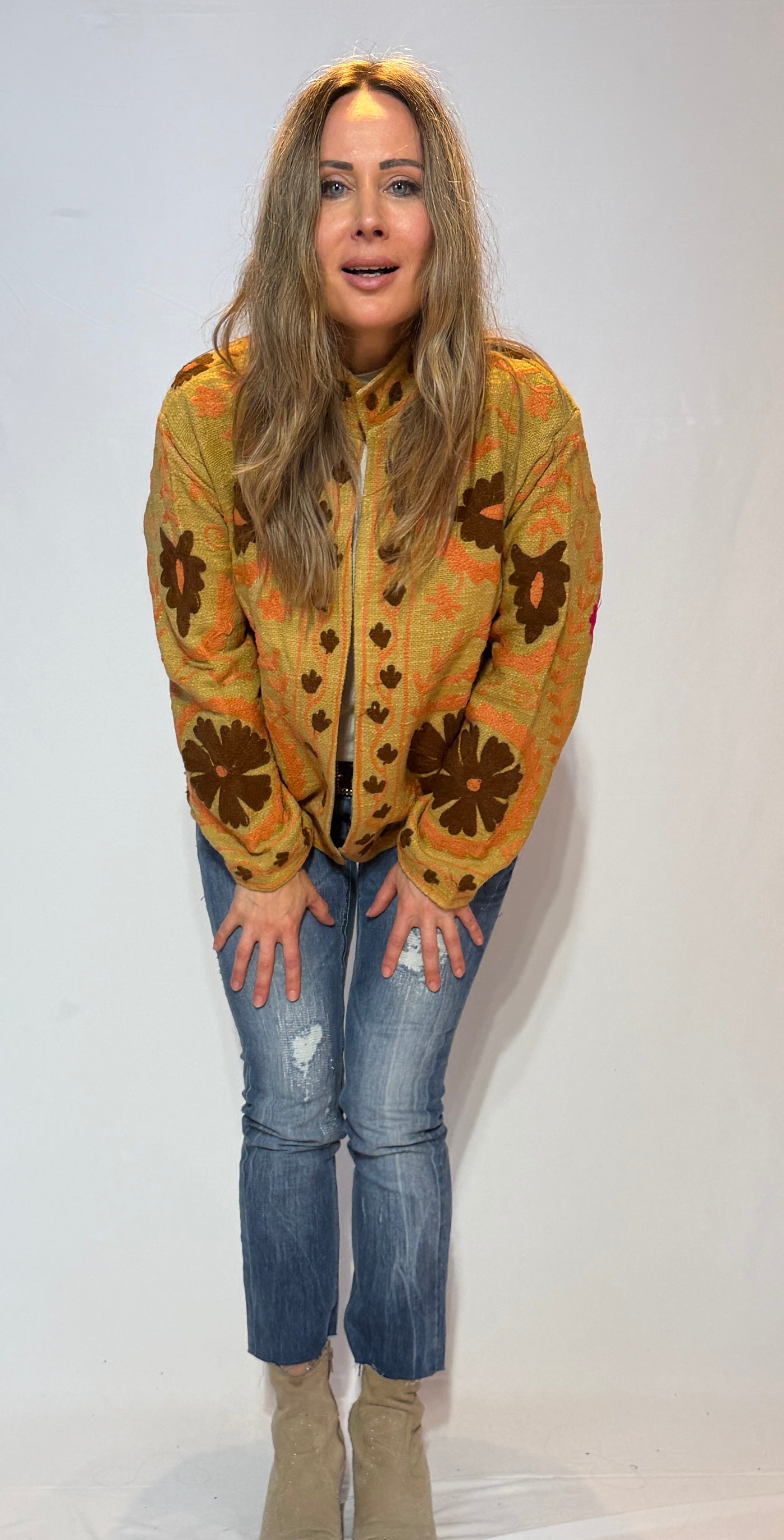 Hand-Embroidered Suzani Jacket – Golden Ochre & Chocolate Bloom