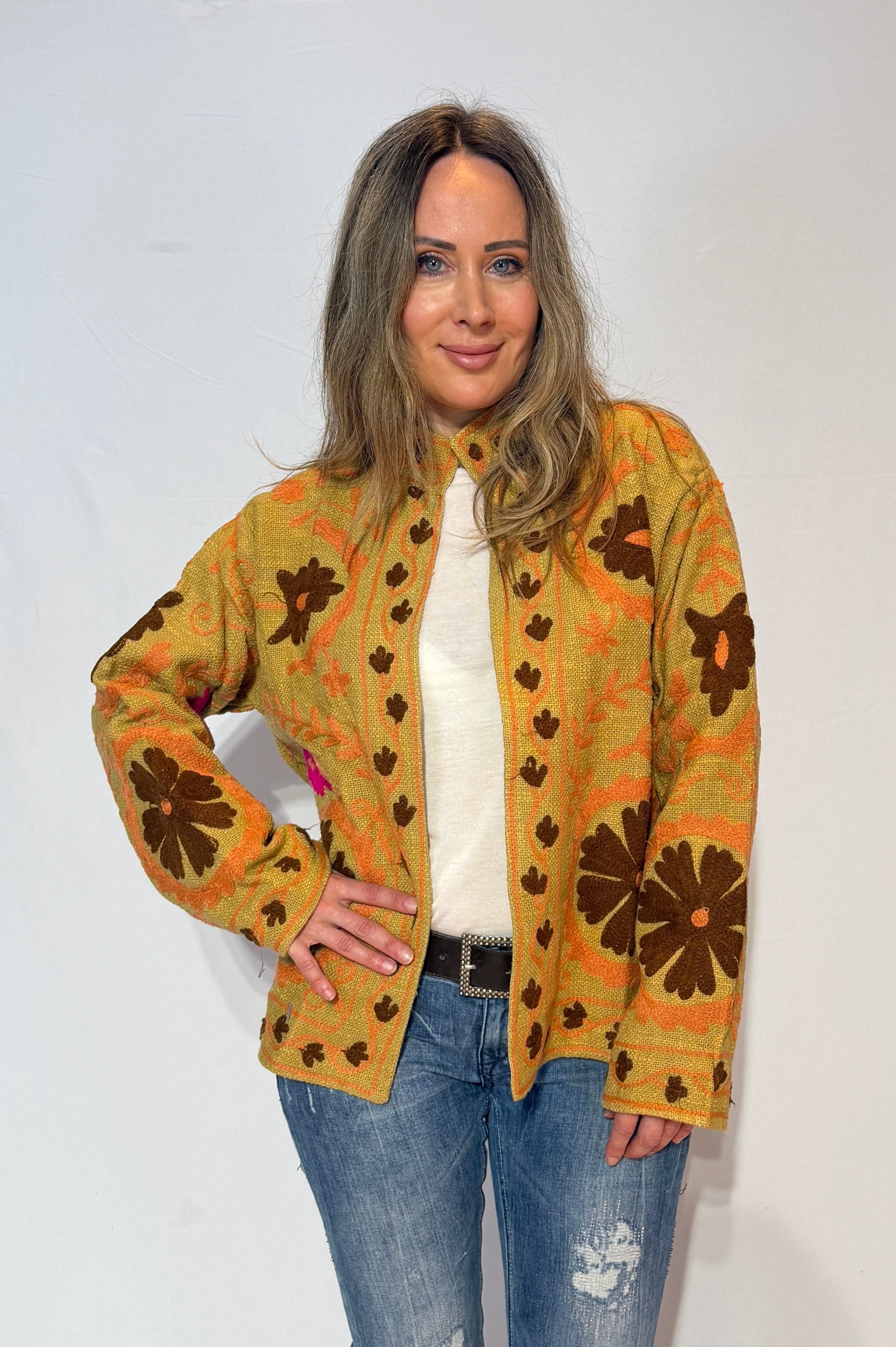 Hand-Embroidered Suzani Jacket – Golden Ochre & Chocolate Bloom