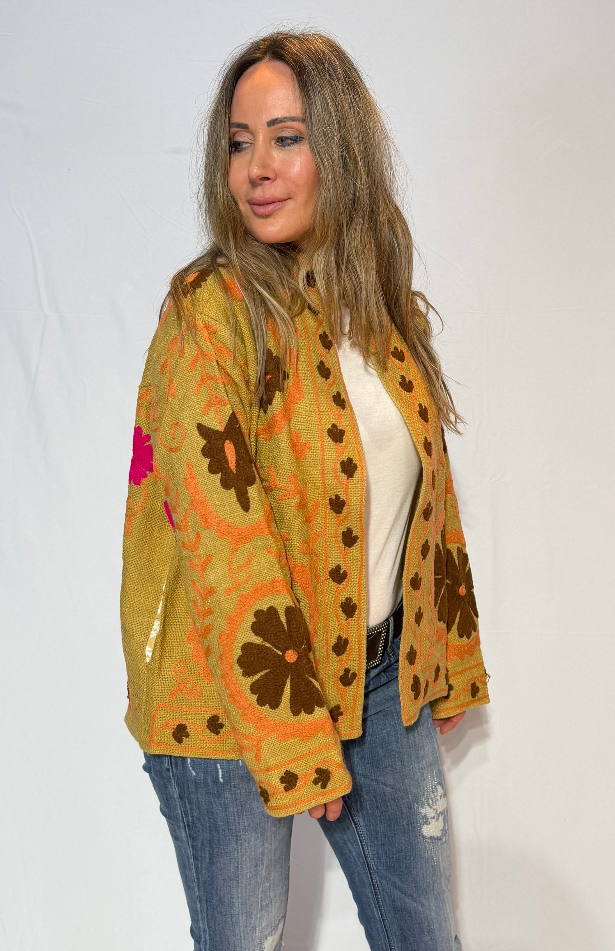 Hand-Embroidered Suzani Jacket – Golden Ochre & Chocolate Bloom