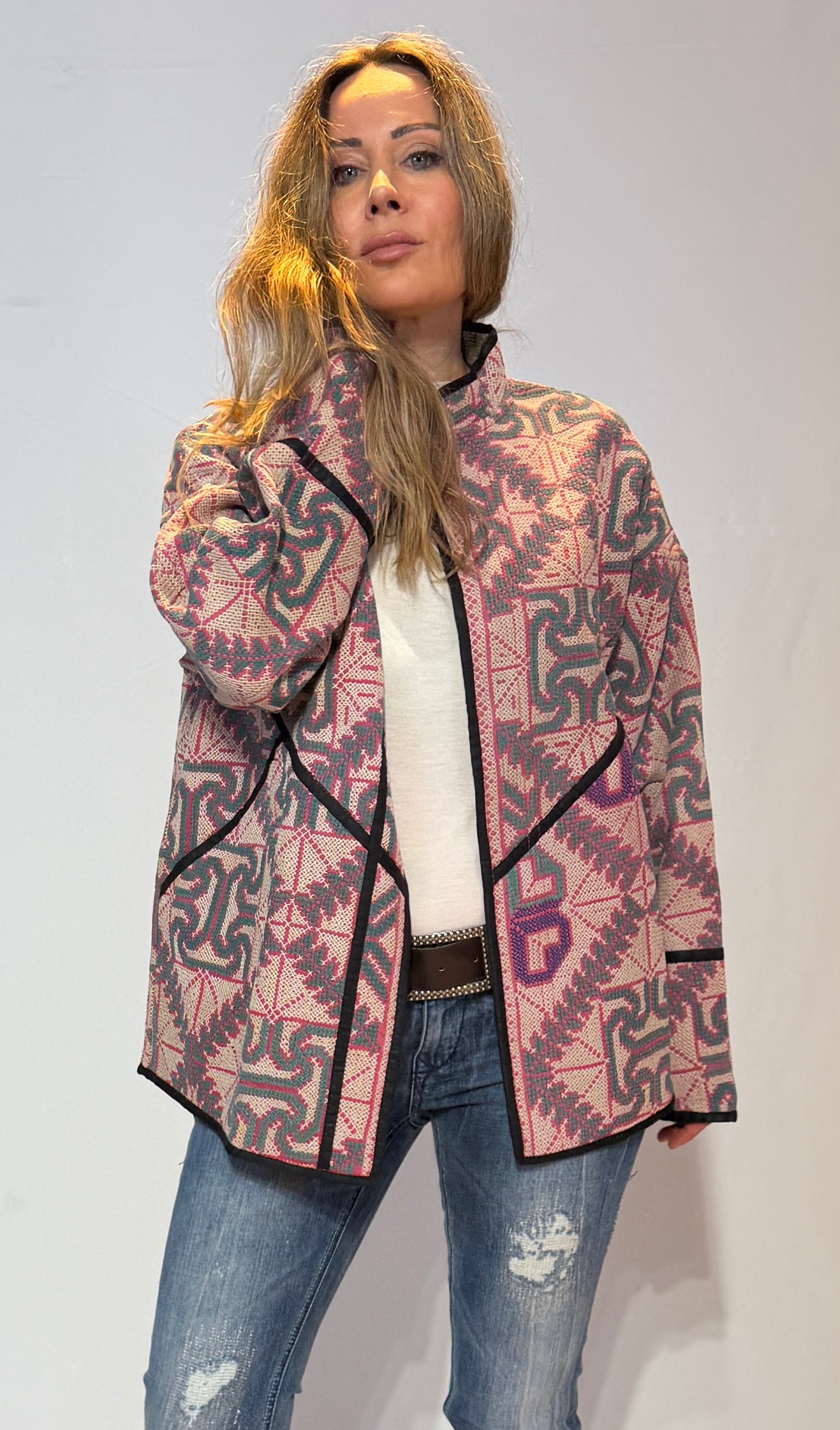 Geometric Pattern Jacket – Dusty Rose & Slate Mosaic