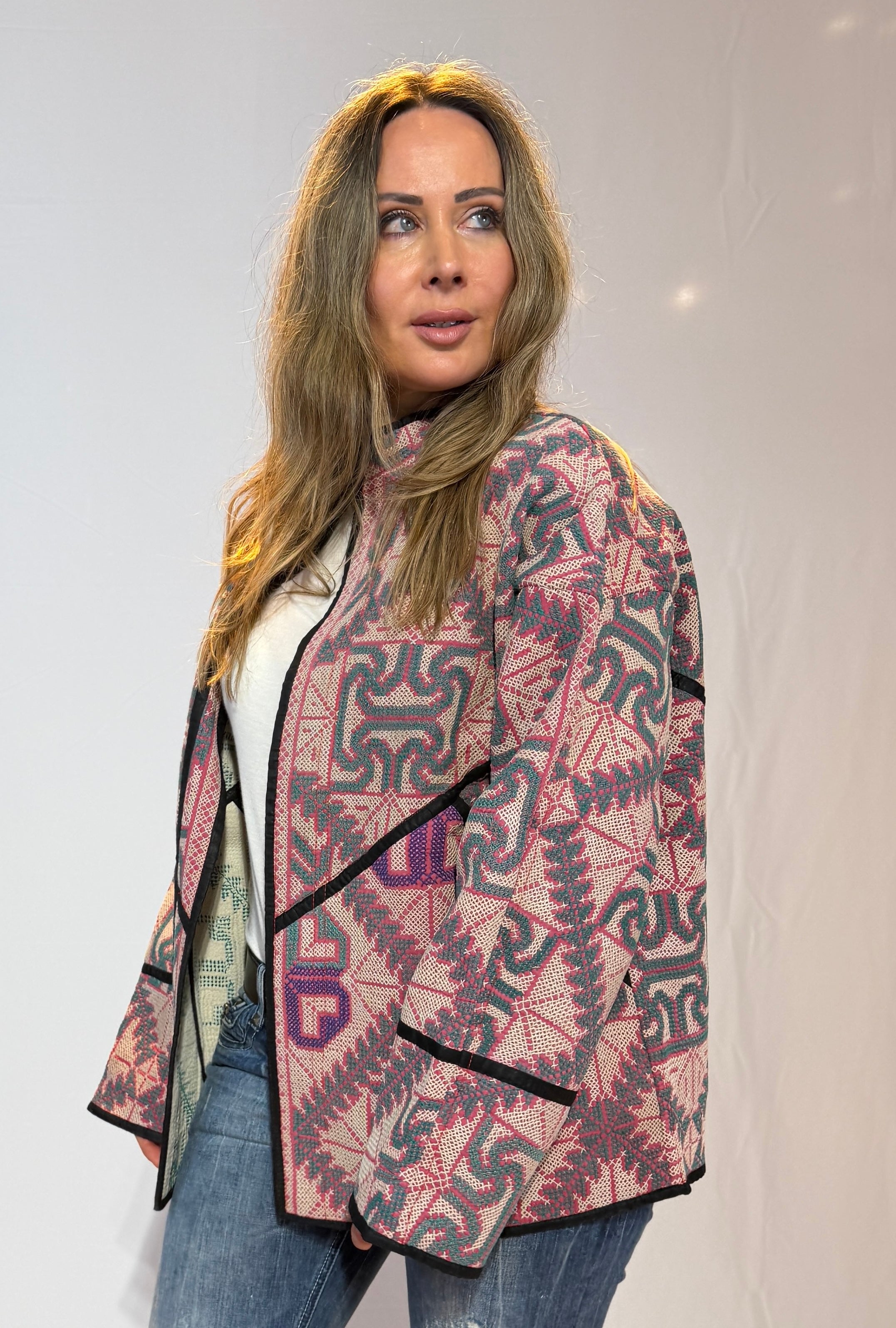 Geometric Pattern Jacket – Dusty Rose & Slate Mosaic