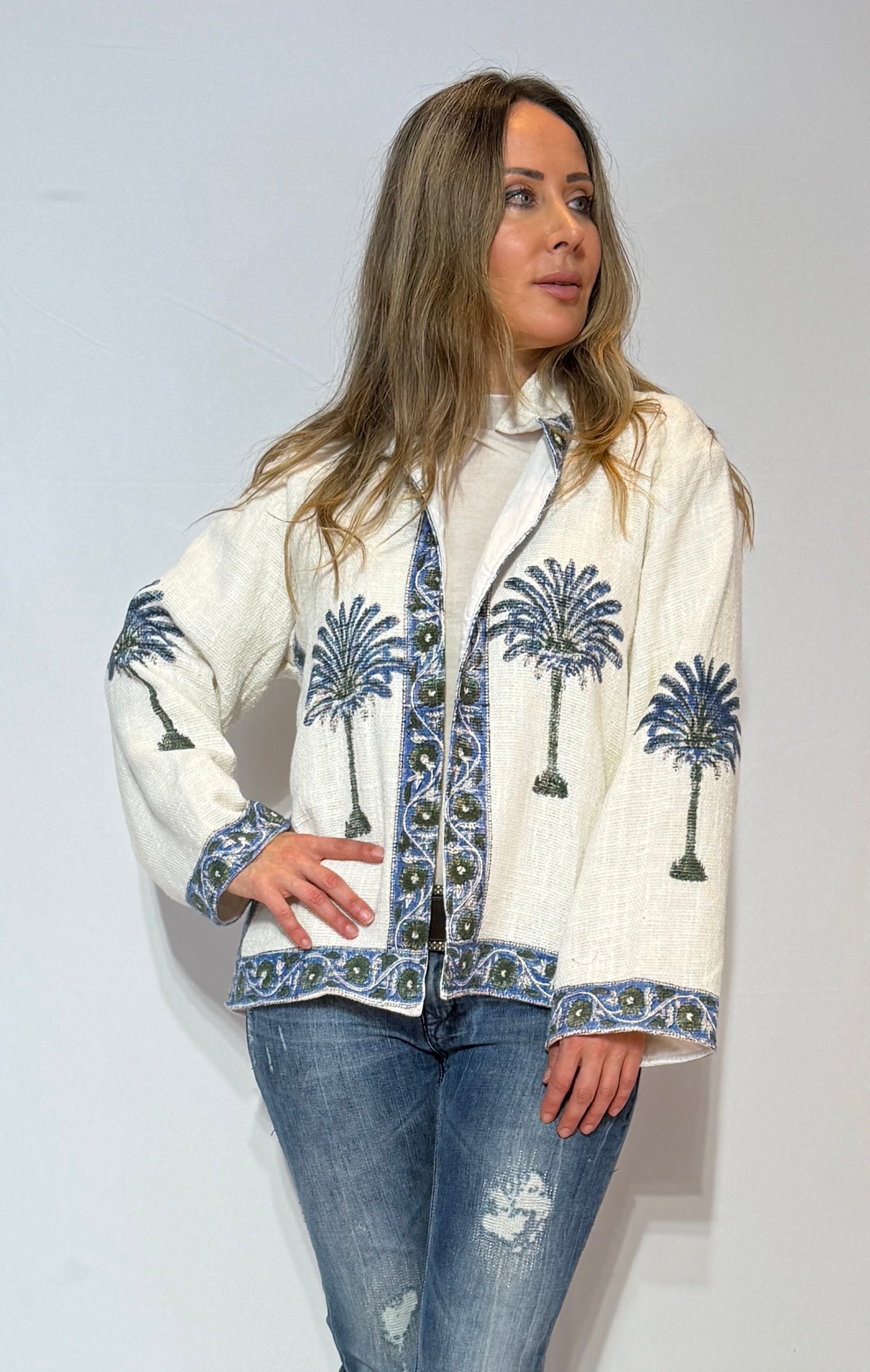 Hand-Embroidered Suzani Cotton Jacket – Ivory Palm & Blue Vine