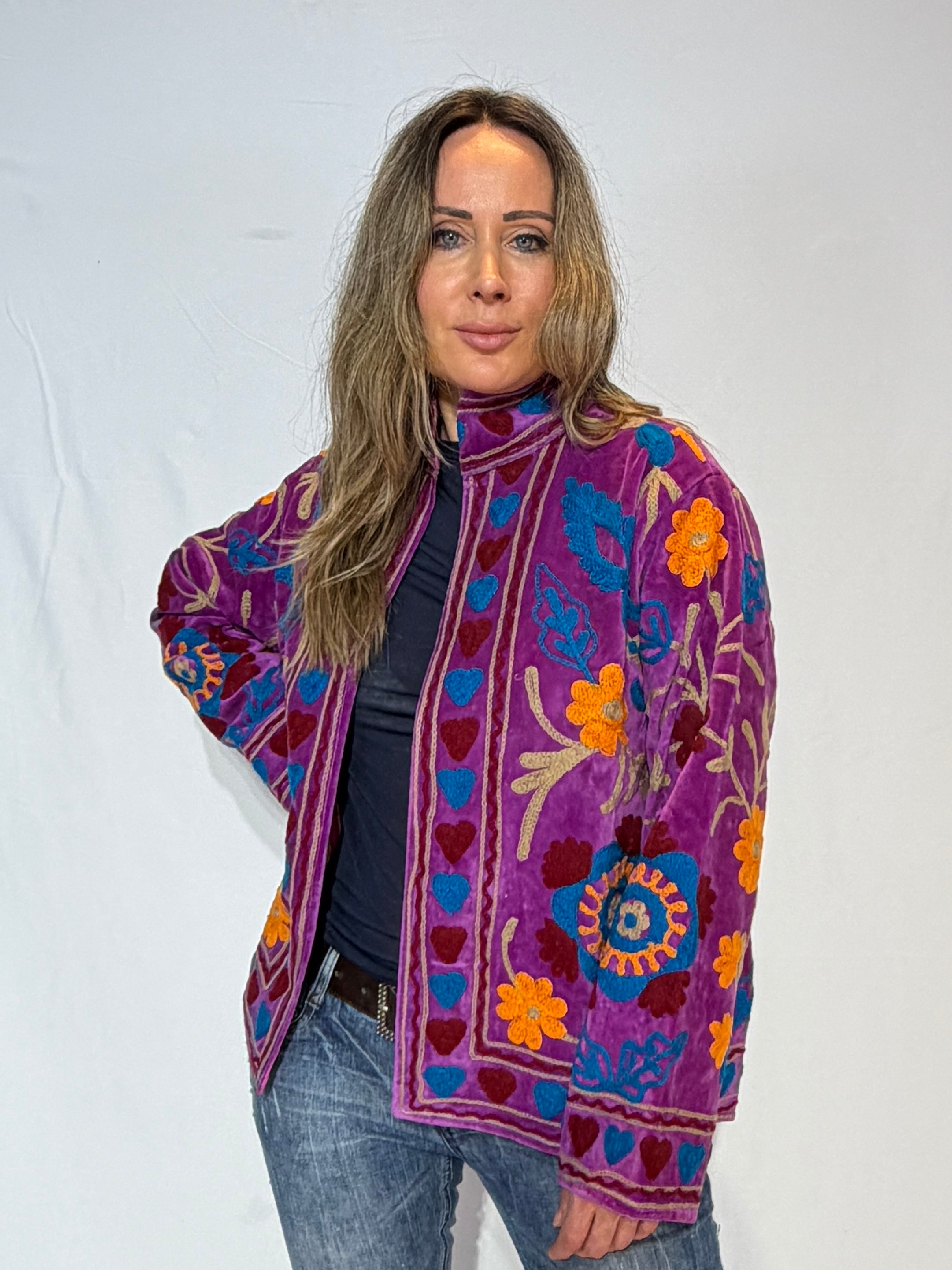 Hand-Embroidered Suzani Jacket – Orchid Purple Heart & Golden Bloom