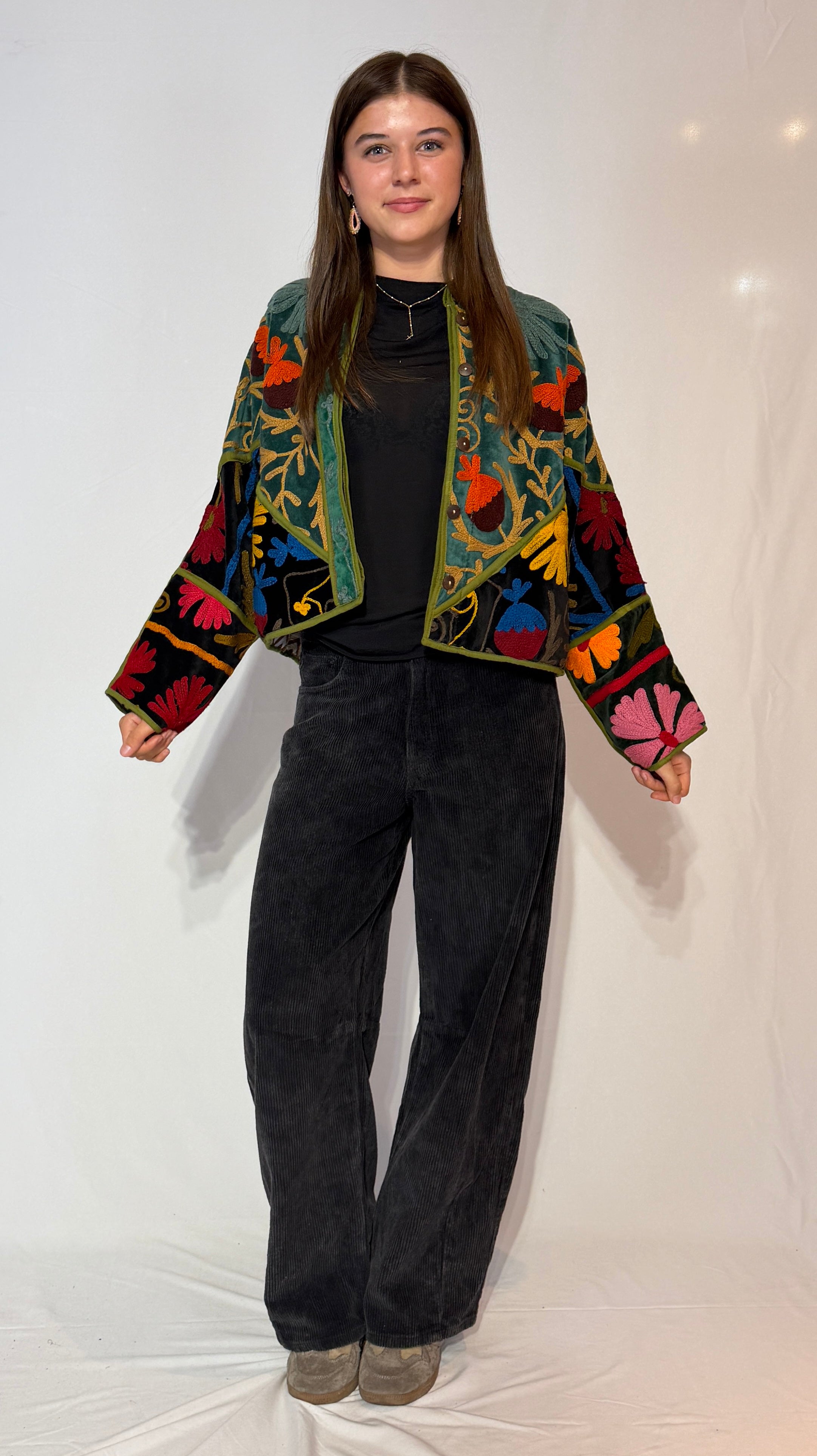 Suzani Hand-Embroidered Velvet Jacket – Vibrant Floral Meadow