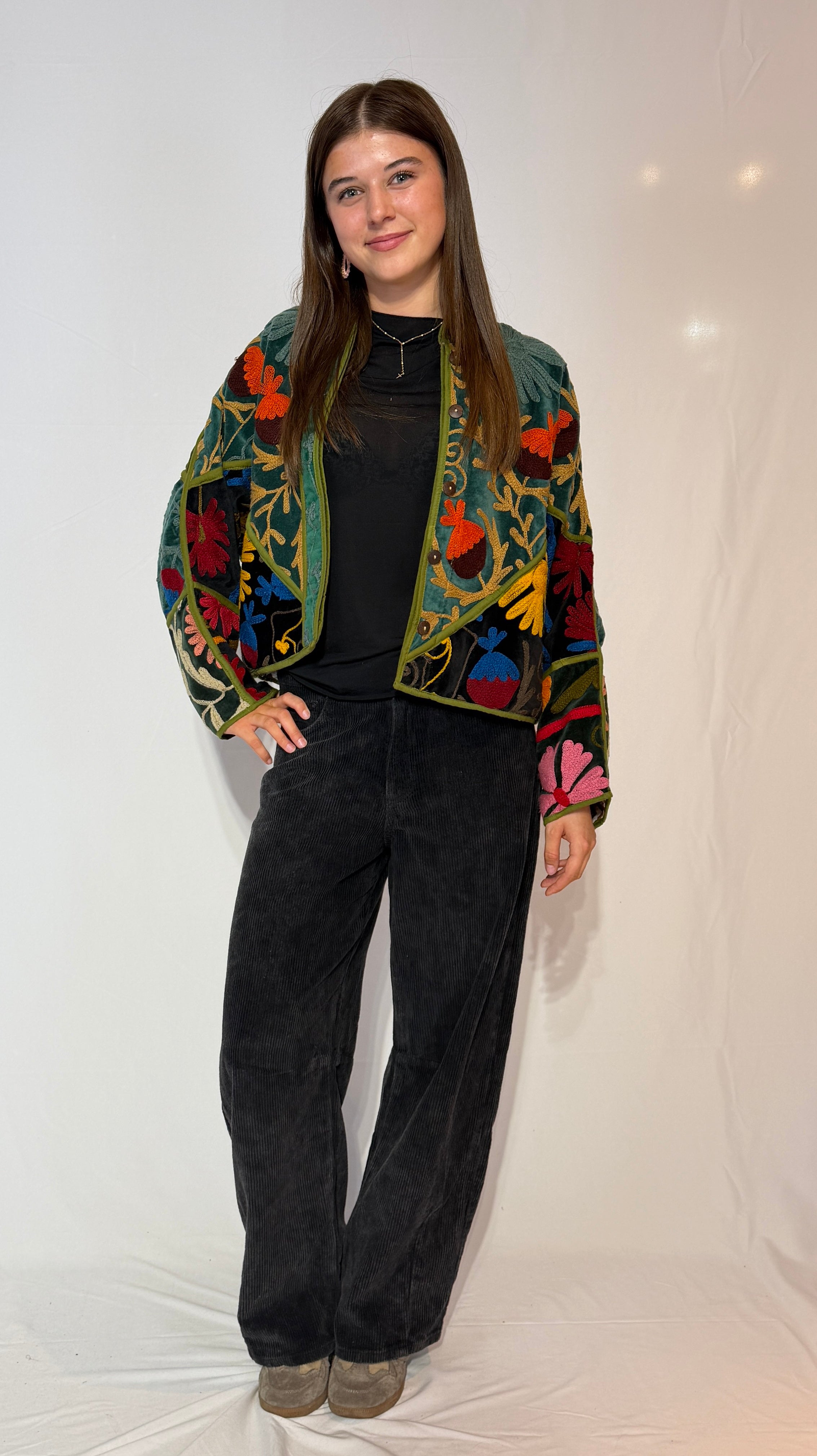 Suzani Hand-Embroidered Velvet Jacket – Vibrant Floral Meadow