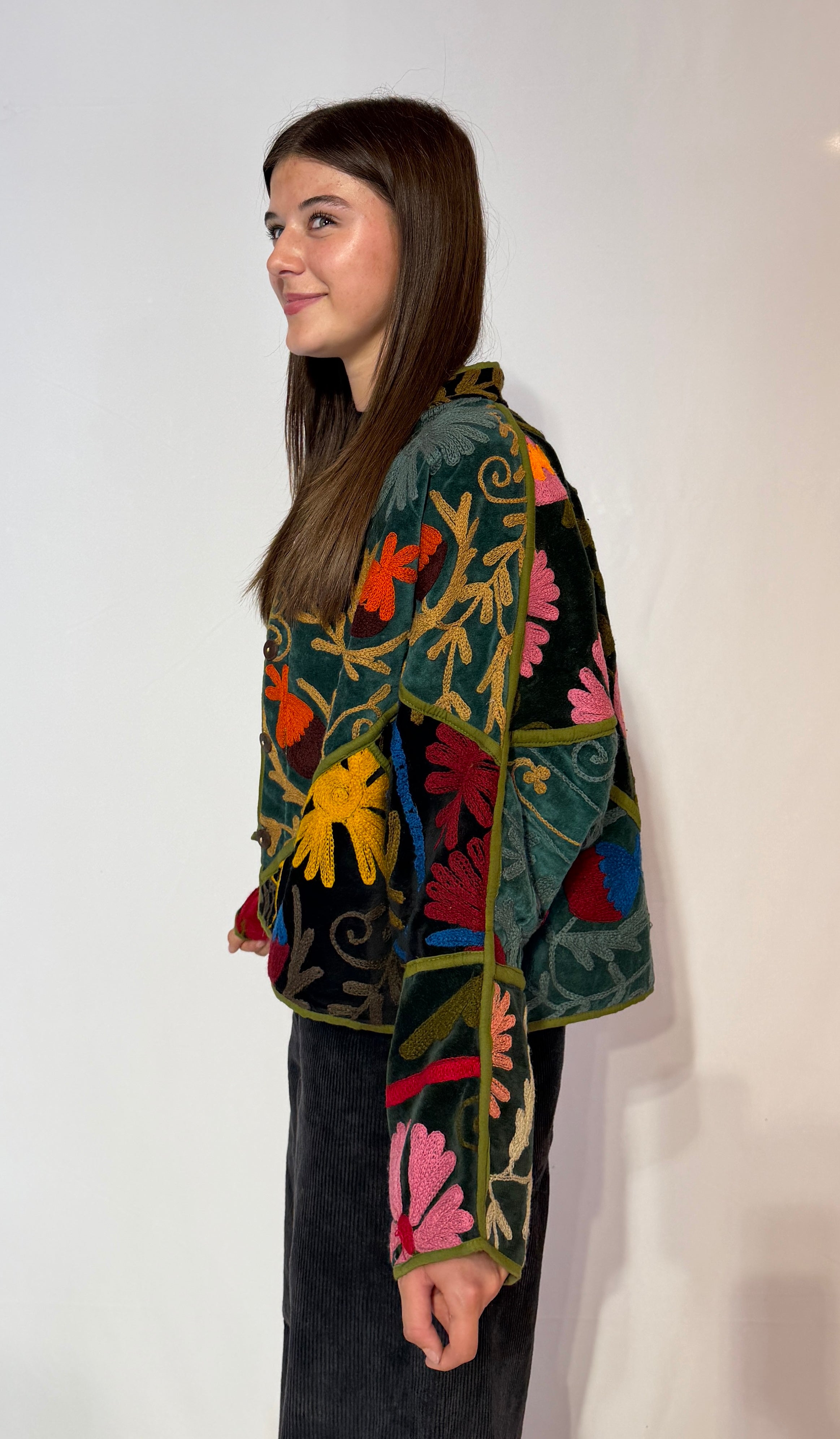 Suzani Hand-Embroidered Velvet Jacket – Vibrant Floral Meadow