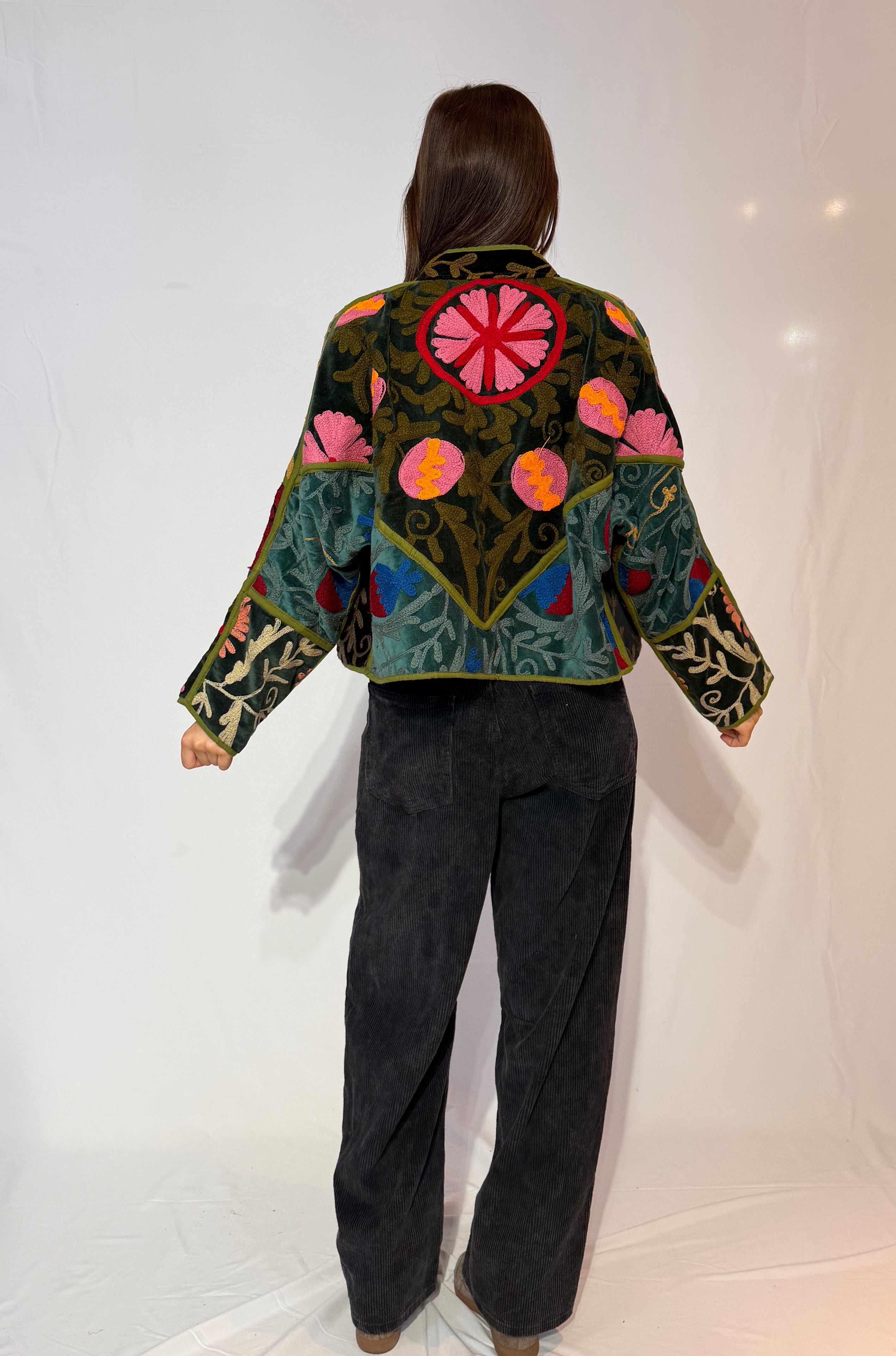 Suzani Hand-Embroidered Velvet Jacket – Vibrant Floral Meadow